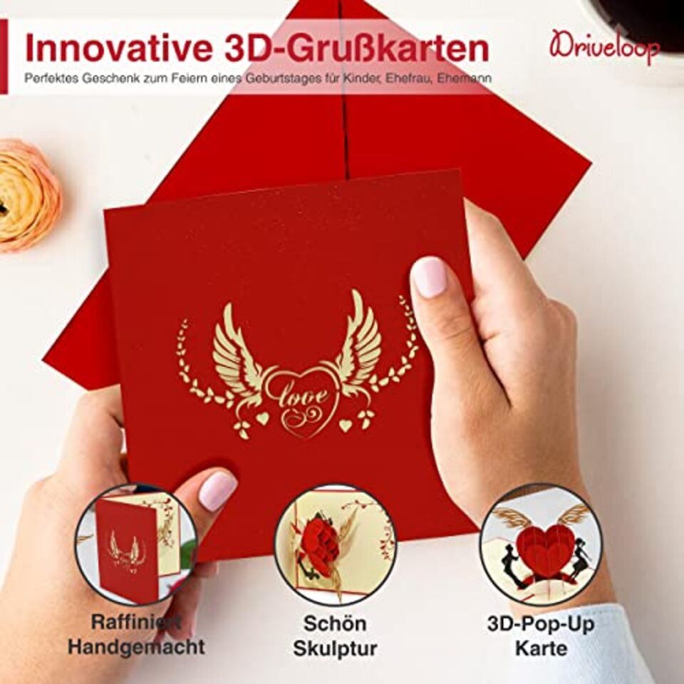 Montegoni Grußkarte 3D Pop-Up Rotes Herz Grußkarte, Liebe, Valentinstag & Geschenk-Karte für besondere Anlässe – 15x15cm