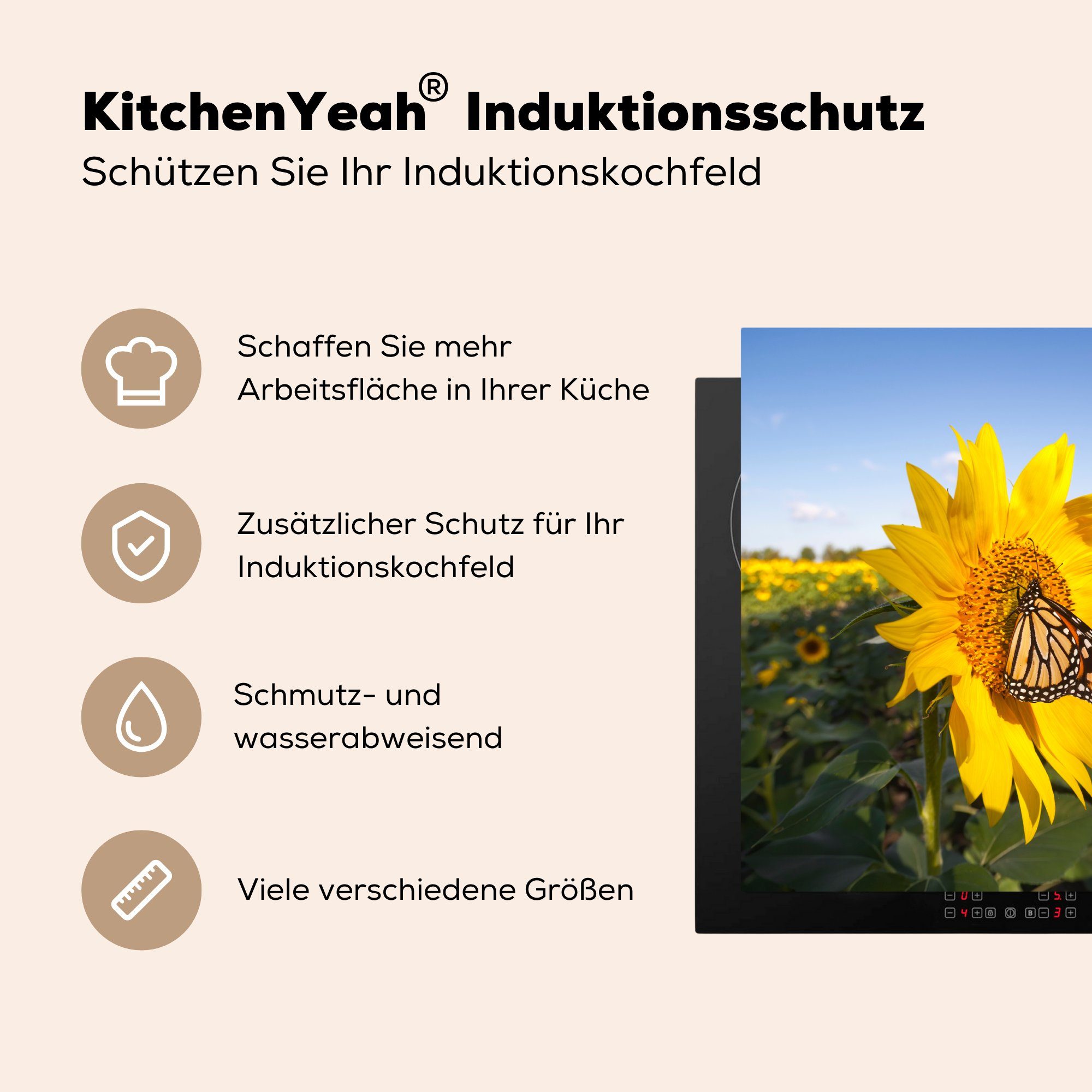 MuchoWow Herdblende-/Abdeckplatte Schmetterling auf Arbeitsfläche cm, Ceranfeldabdeckung nutzbar, tlg), (1 70x52 Mobile Vinyl, einer Sonnenblume
