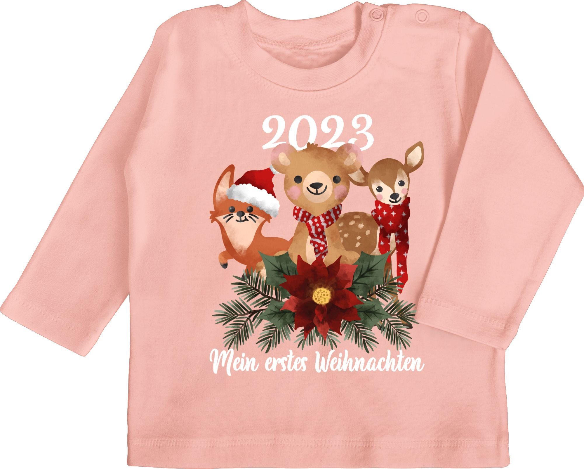 Shirtracer T-Shirt 2023 Mein erstes Weihnachten mit süßen Tieren - weiß Weihnachten Kleidung Baby 1 Babyrosa