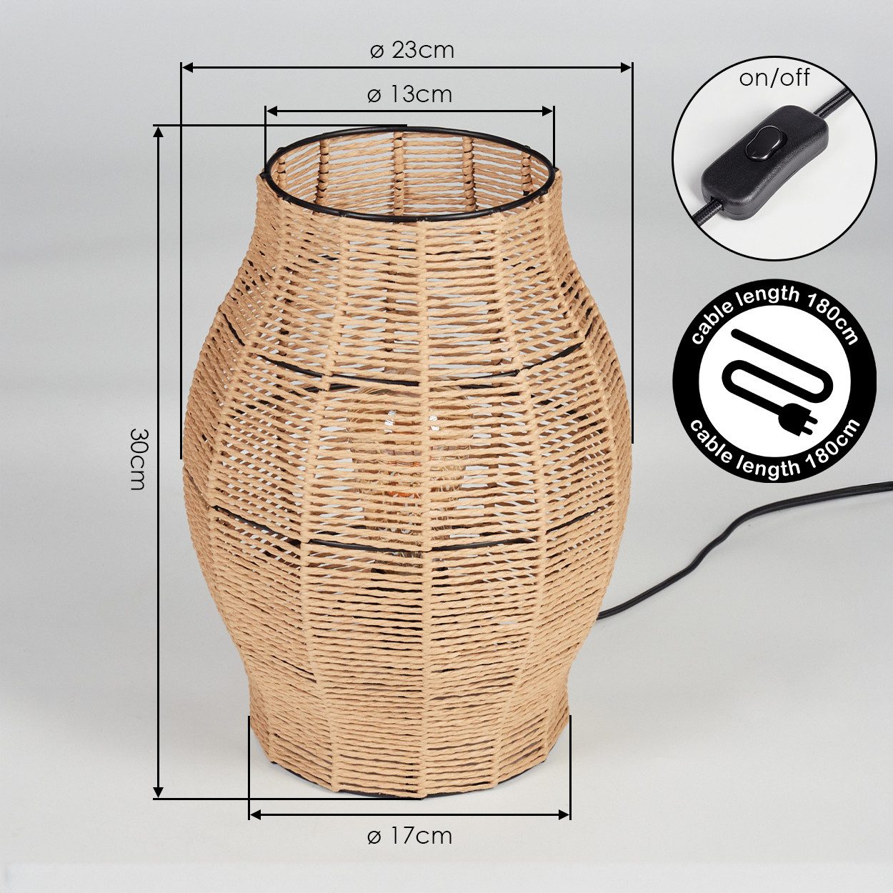 hofstein Tischleuchte Tischlampe aus Metall/Bast in Schwarz/Naturfarben, ohne Leuchtmittel, Tischleuchte im Boho-Design, Lichteffekt, Schalter am Kabel, 30cm, E – Bild 4 von 5