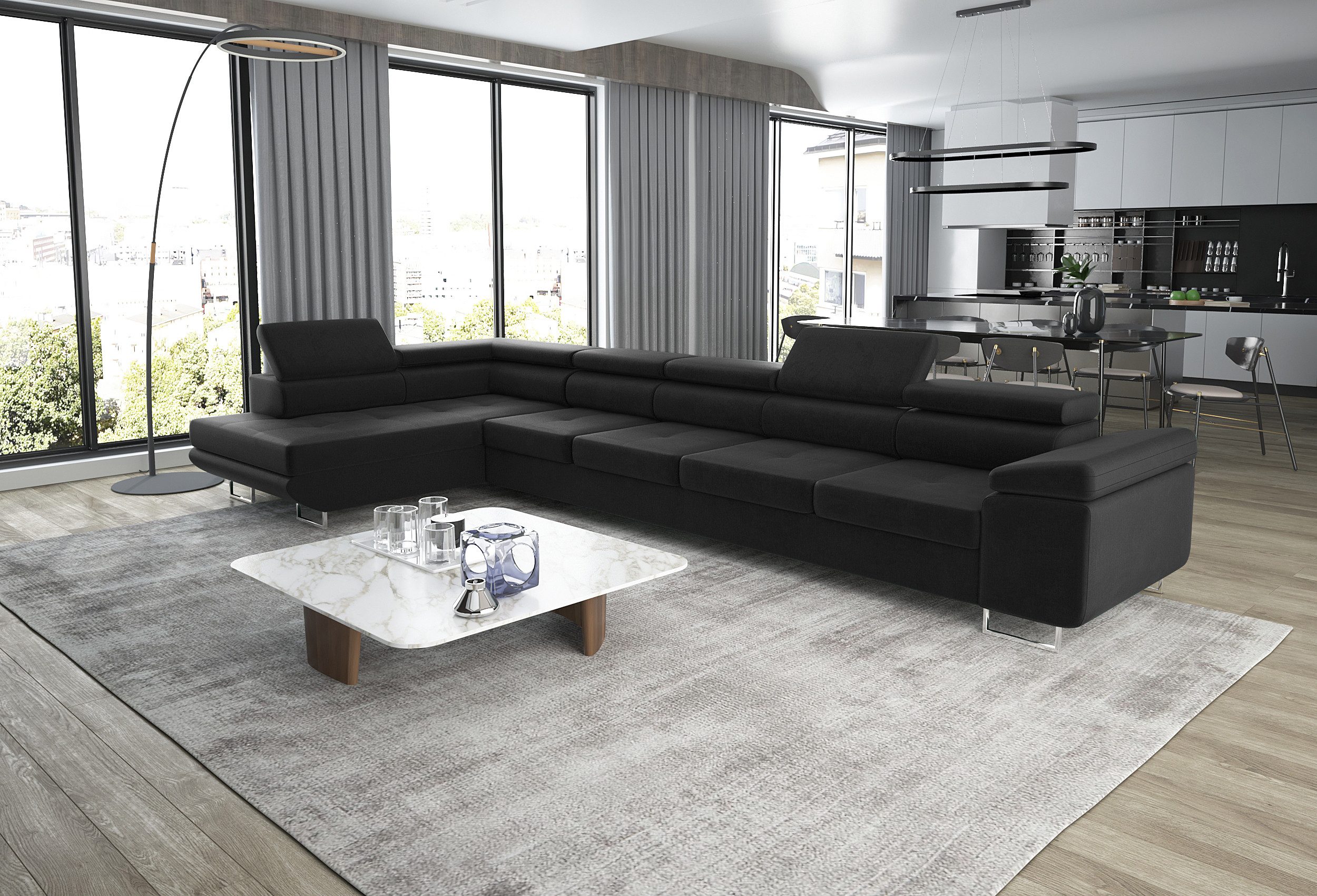 thematys Ecksofa ASTON MAXI 405 x 203cm mit Schlaffunktion & Bettkasten –, L-Sofa mit verstellbaren Kopfstützen, Samt (Monolith), Cord (Poso) - L-Form, XL-Wohnlandschaft, 405 cm breit