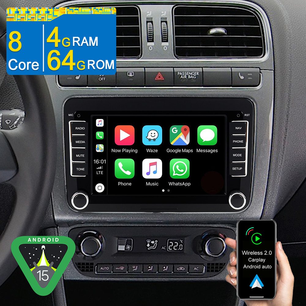 A-Sure 7" 8-Core 64G Android 15 CarPlay GPS Für Skoda Fabia 2 Roomster Superb Autoradio (RDS, Digitalradio (DAB), FM, AM, 4+64G / Bluetooth 5.0 /WiFi 5.0 / SWC)