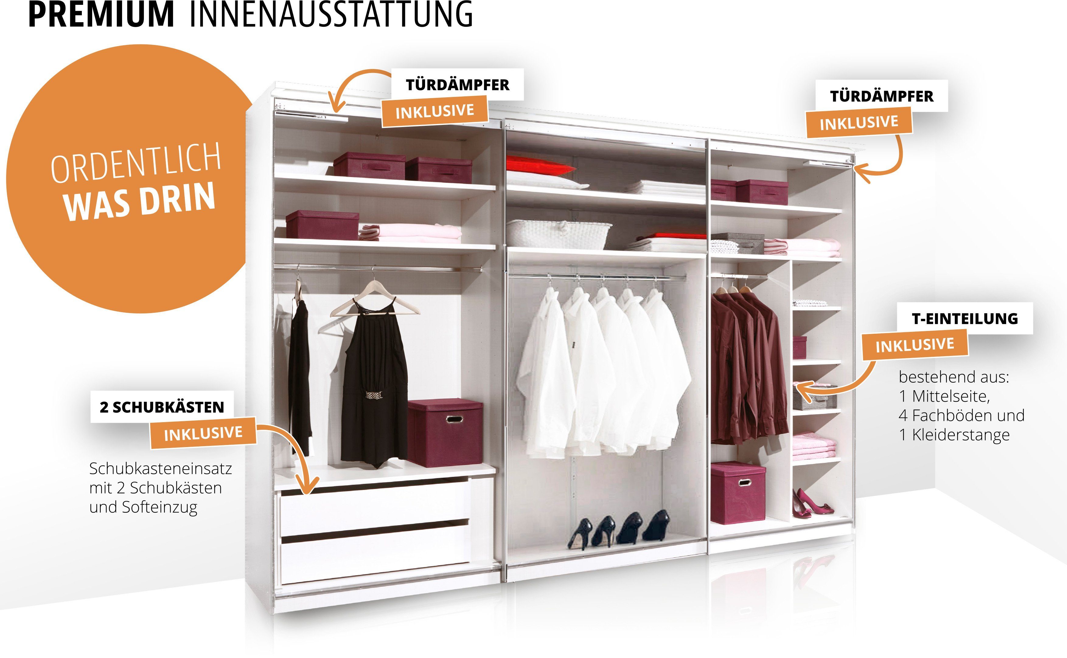 STAUD Schwebetürenschrank Sinfonie Plus, edles Design in hochwertiger Qualität, Made in Germany Mit Spiegeltüre und vier verschiedenen Ausstattungsvarianten