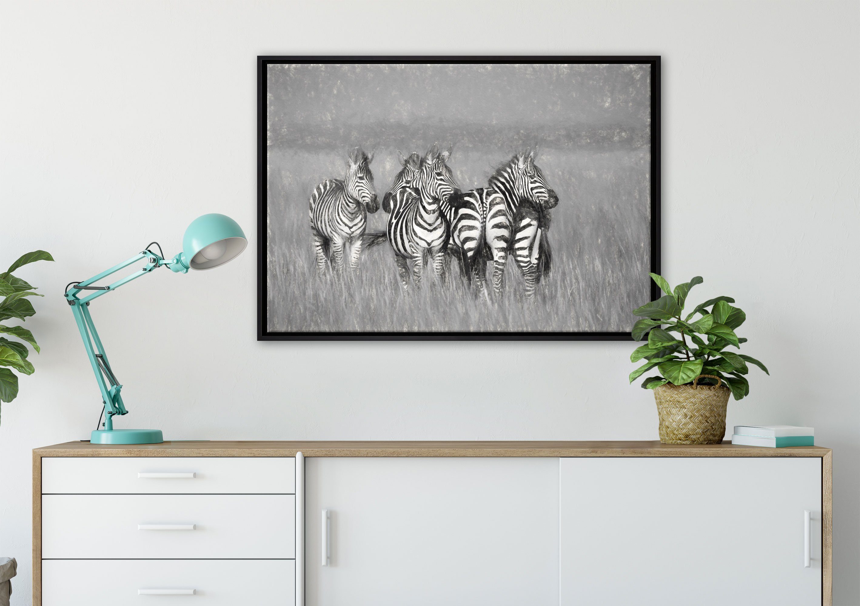 Pixxprint Leinwandbild Zebras bespannt, inkl. Savanne, St), Leinwandbild einem in in Zackenaufhänger (1 gefasst, Wanddekoration Schattenfugen-Bilderrahmen fertig