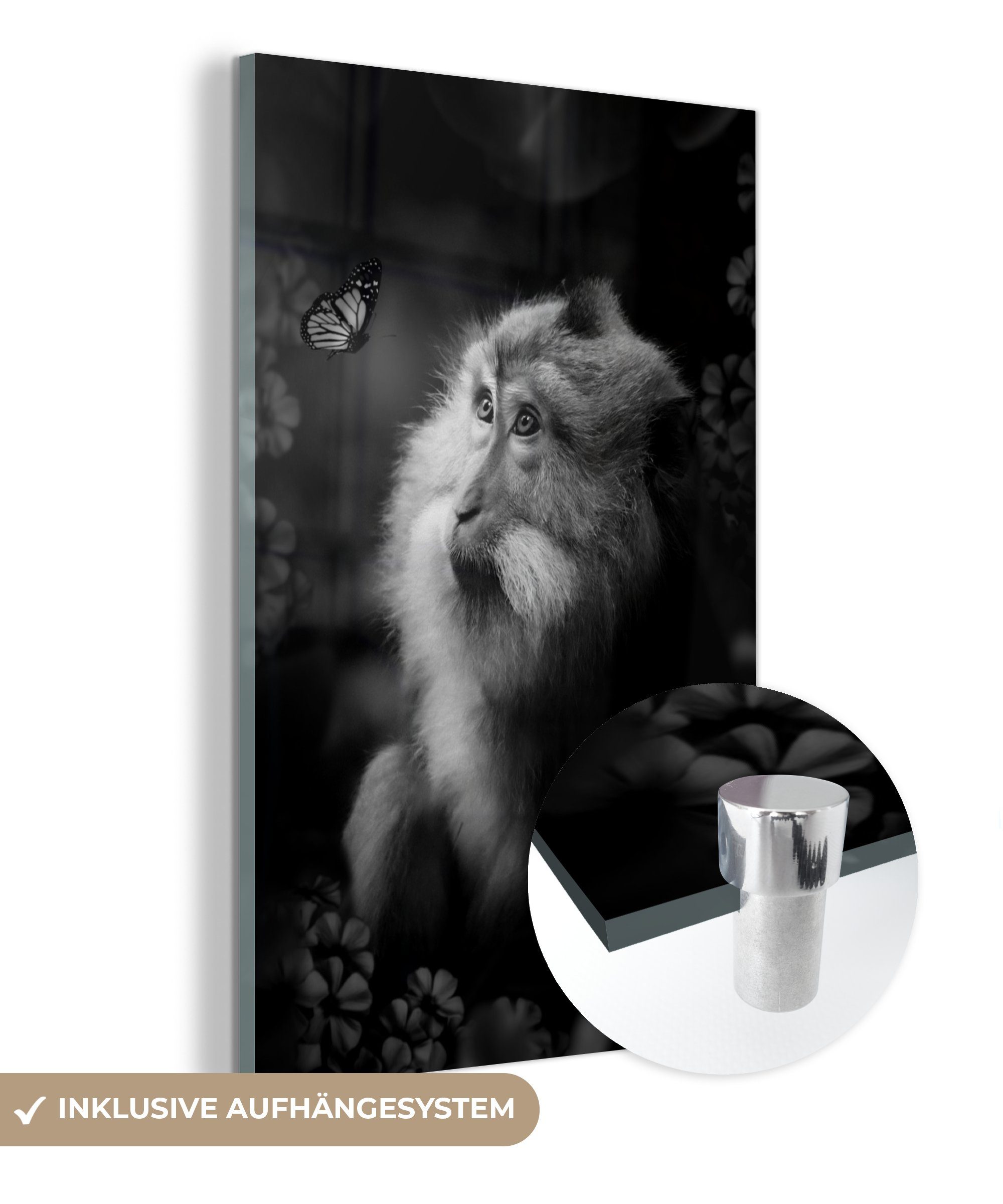 MuchoWow Acrylglasbild Affe und Schmetterling im Dschungel - schwarz und weiß, (1 St), Glasbilder - Bilder auf Glas Wandbild - Foto auf Glas - Wanddekoration bunt