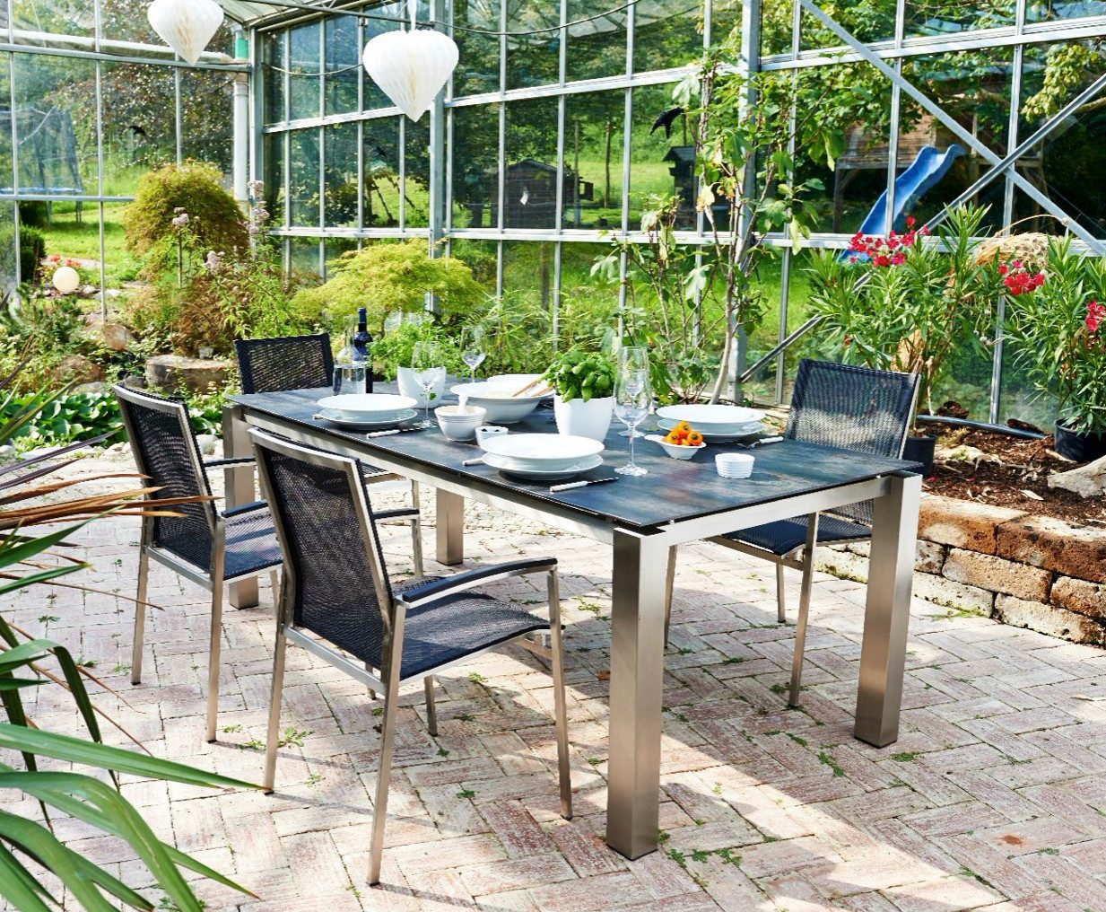 acamp Garten-Essgruppe Stapelsessel Set 5-teilig, Keramiktisch 200x100 cm, Edelstahl, (Spar-Set, 5-tlg., Gartenmöbel Set), Edelstahl rostfrei, wetterfest, stapelbar, Keramik, Polywood