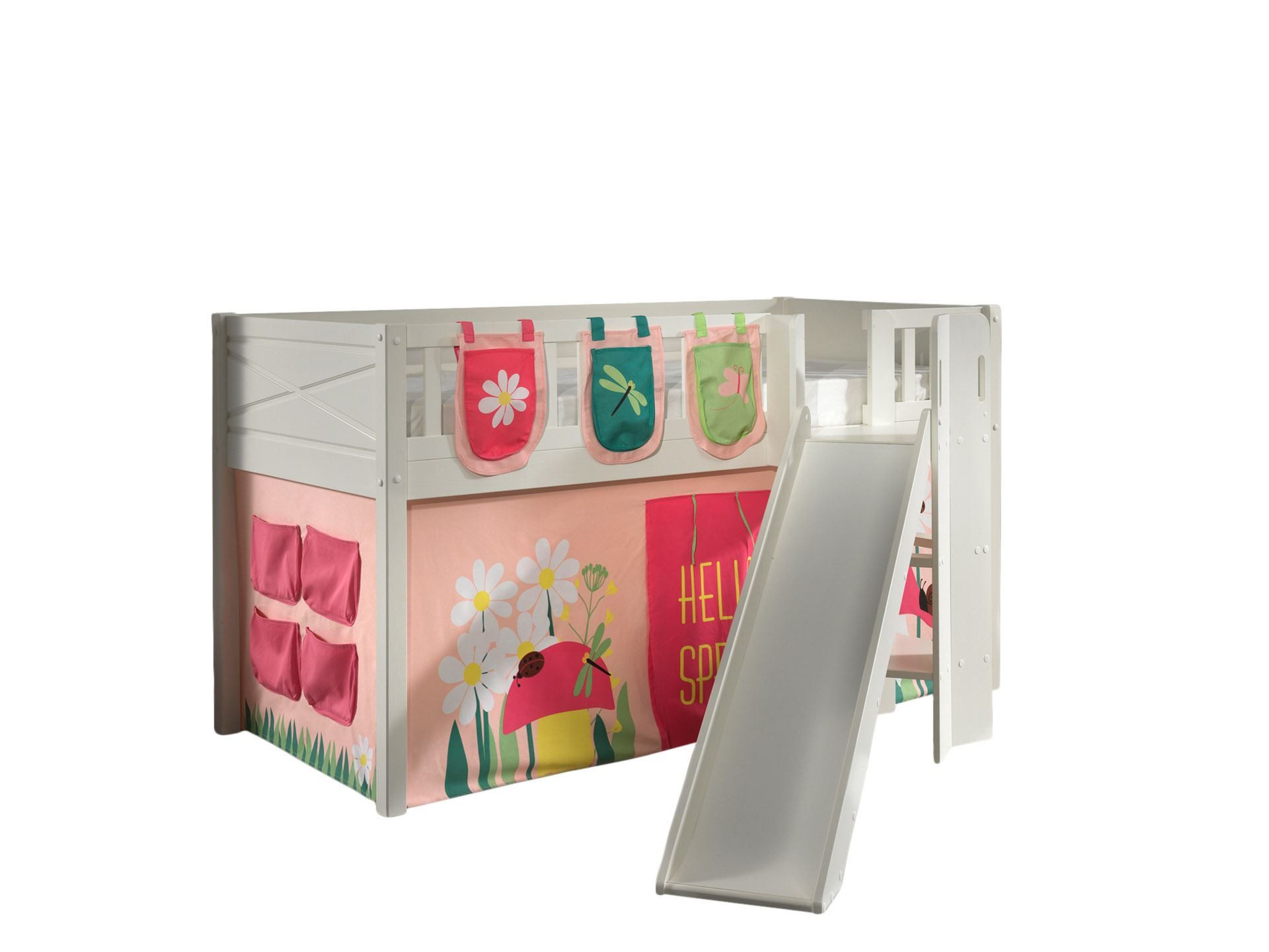 58 aufm Kessel Bettgestell Spielbett mit Rutsche Karyl 208x204x114 Kinderbett Massivholz Spring (inkl. Versand, Lieferung bis Verwendungsstelle), Liegefläche 90 x 200, Rutsche im 33° Winkel, Rolllattenrost, Textilset