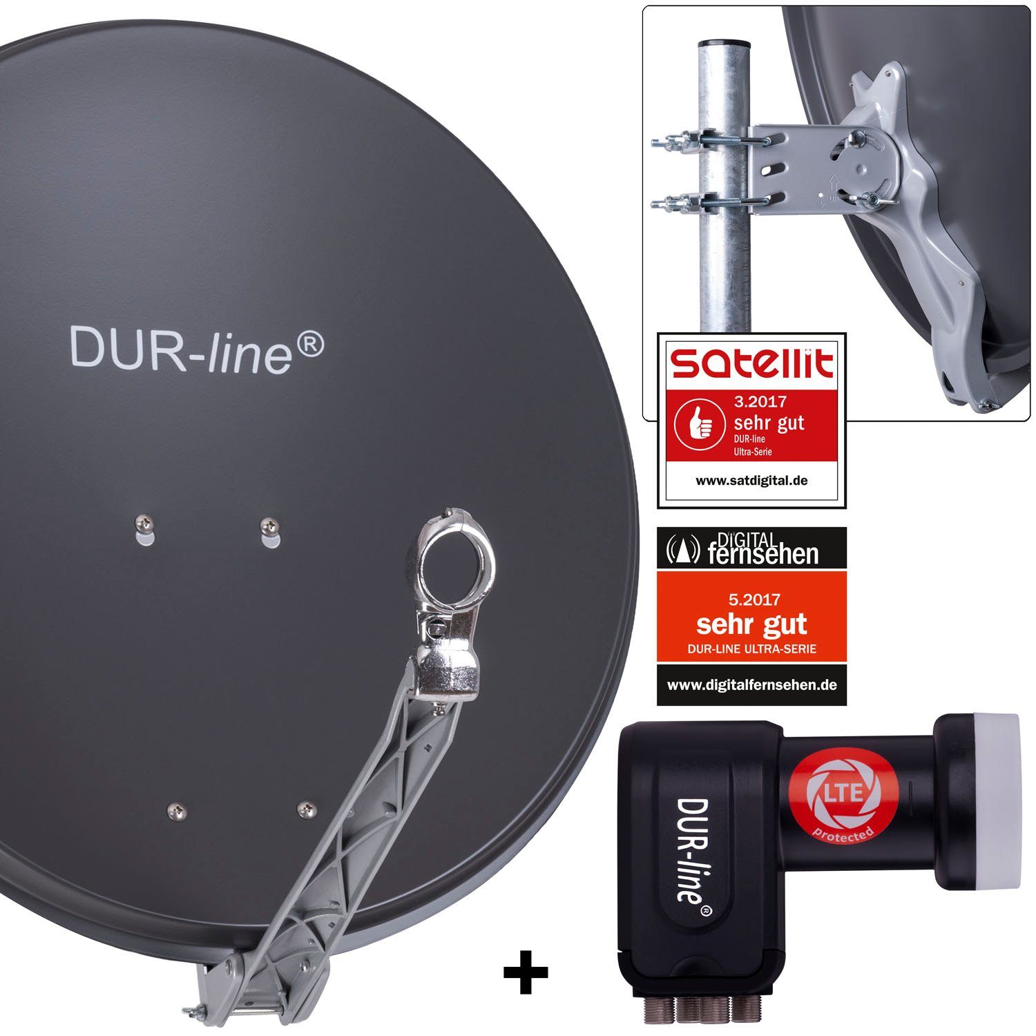 DUR-line 4 Teilnehmer Set - Qualitäts-Alu-Satelliten-Komplettanlage - Sat-Spiegel