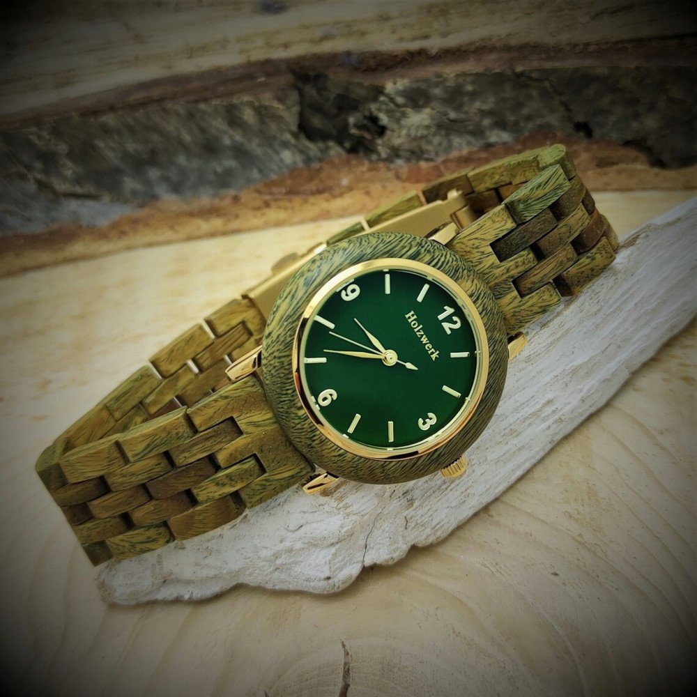 Holzwerk Quarzuhr USLAR kleine Damen Edelstahl & Holz Armband Uhr, oliv grün, gold