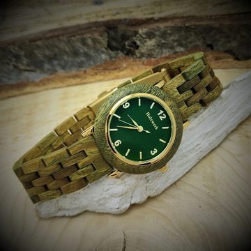 Holzwerk Quarzuhr USLAR kleine Damen Edelstahl & Holz Armband Uhr, oliv grün, gold