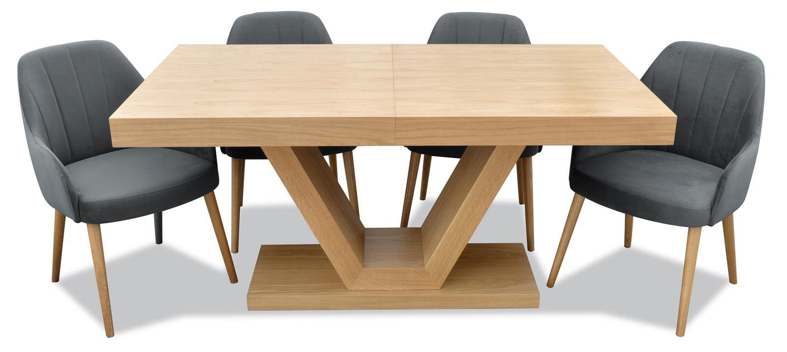 Beautysofa Sitzgruppe KLARA, (Eichenfurnier + Lack, modernes Set mit ausziehbare Tischplatte 160 - 210 cm), mit 4x gepolsterte Stühle mit Velourstoff Anthrazit (paros 06)
