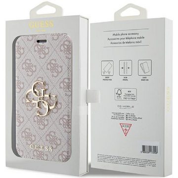 Guess Handyhülle Bookcase iPhone 15 Pro Max rosa Logo goldfarben aufstellbar 6,7 Zoll, Kantenschutz