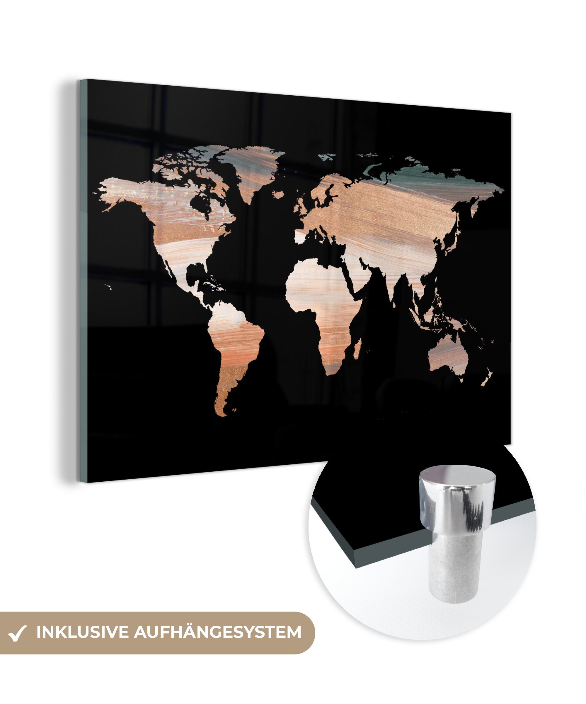 MuchoWow Acrylglasbild Weltkarte - Farbe - Kupfer, (1 St), Glasbilder - Bilder auf Glas Wandbild - Foto auf Glas - Wanddekoration