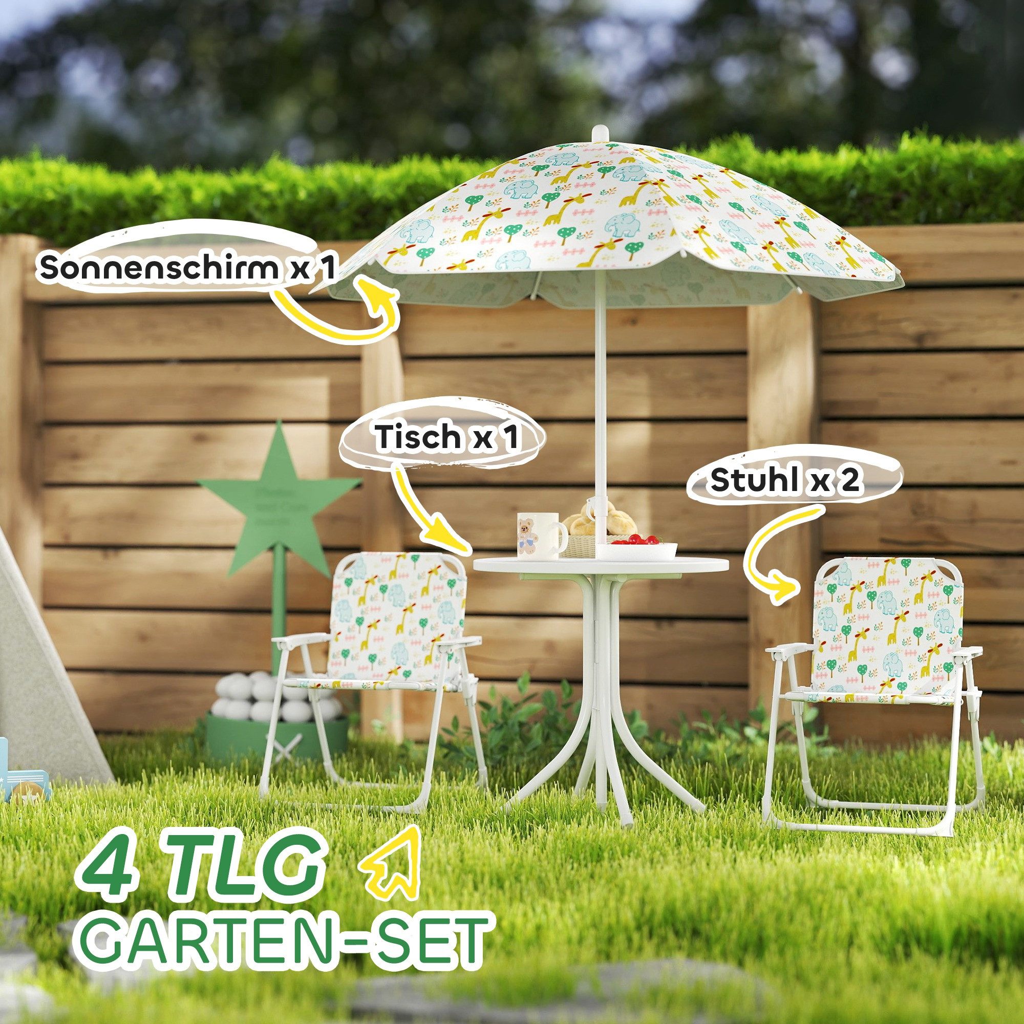 AIYAPLAY Garten-Kindersitzgruppe Sitzgruppe Outdoor Gartenmöbel für Strand, (Kindertisch mit 2 Klappstühlen, 4-tlg., Kindersitzgarnitur), für Kinder 2-5 Jahre,  – Bild 4 von 5