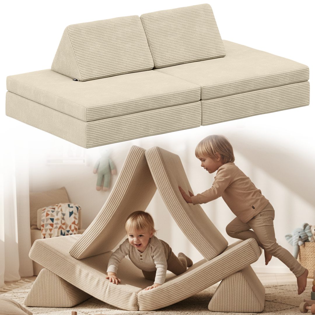 Bellabino Kindersofa Nile aus 4 Schaumstoff Teilen, Beige, faltbare Kinderspielcouch mit Cordbezug, abnhembar & waschbar