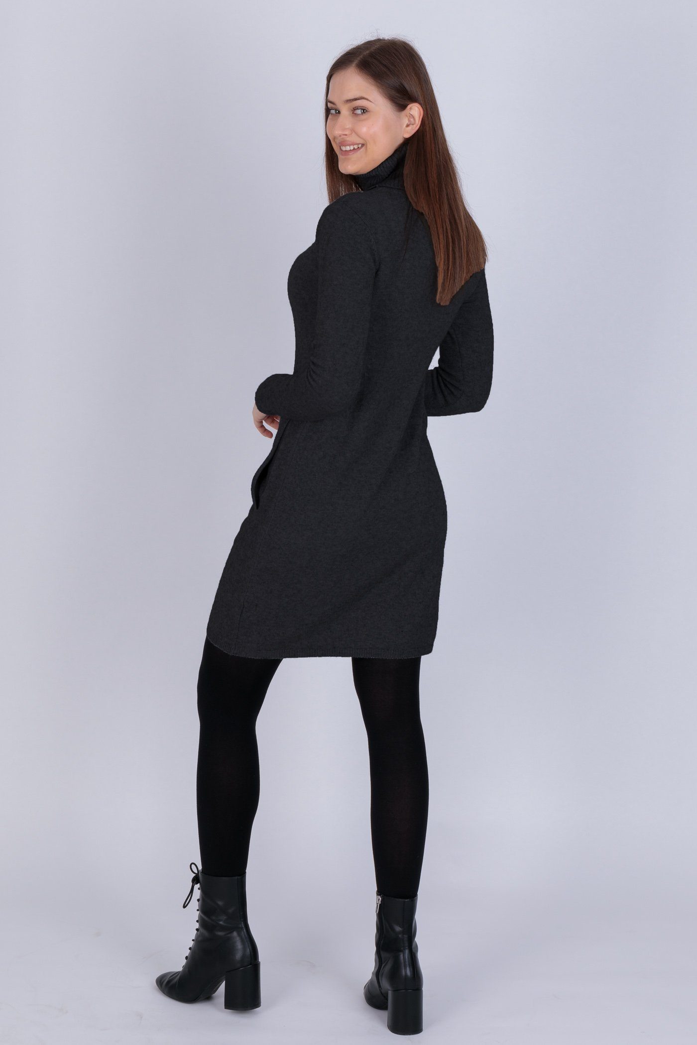 Minikleid Damen PEKIVESSA (1-tlg) Strickkleid mit Longpullover Rollkragen langarm schwarz