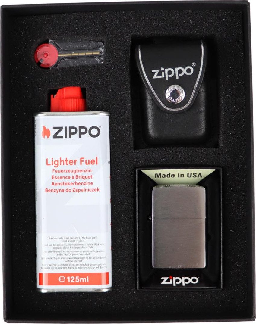 Zippo Feuerzeug Geschenkset inkl. ZIPPO Ledertasche inkl. Benzin und Feuersteinen, Echtleder Tasche von Zippo mit Schlaufe in schwarz oder braun