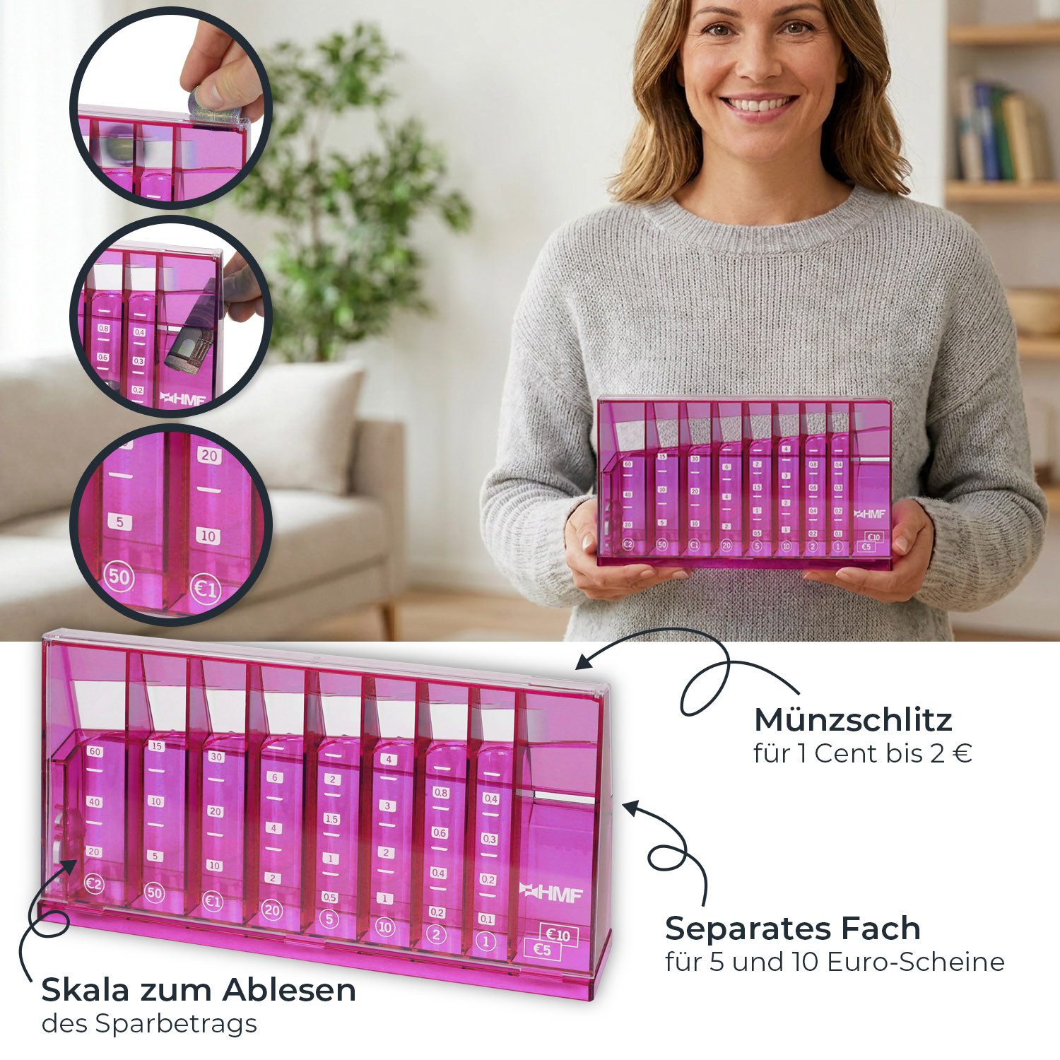 HMF Spardose Münzzähler mit automatischer Sortierung zur Kleingeld Aufbewahrung, Münzsortierer mit Werteskala als Spardose Kinder, 24 x 12 x 5 cm Pink