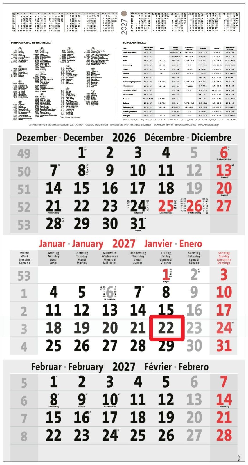 Anschütz Wandkalender 3-Monatskalender 2027 Bürokalender 450x235mm Dreimonatskalender klein