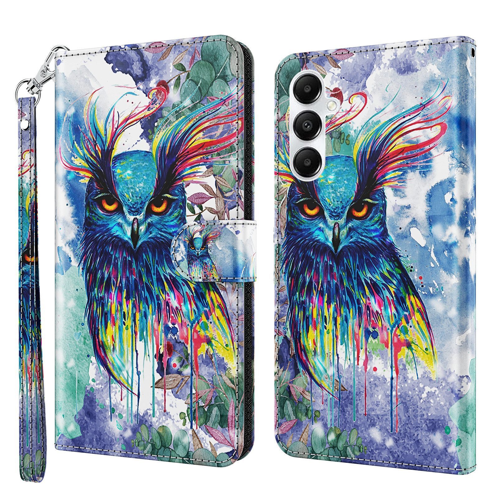 CLM-Tech Handytasche für Samsung Galaxy A57 5G Hülle aus PU-Leder Klapphülle (Eule bunt, 1-tlg., Flip Case), Magnetverschluss, Standfunktion und Kartenfächer