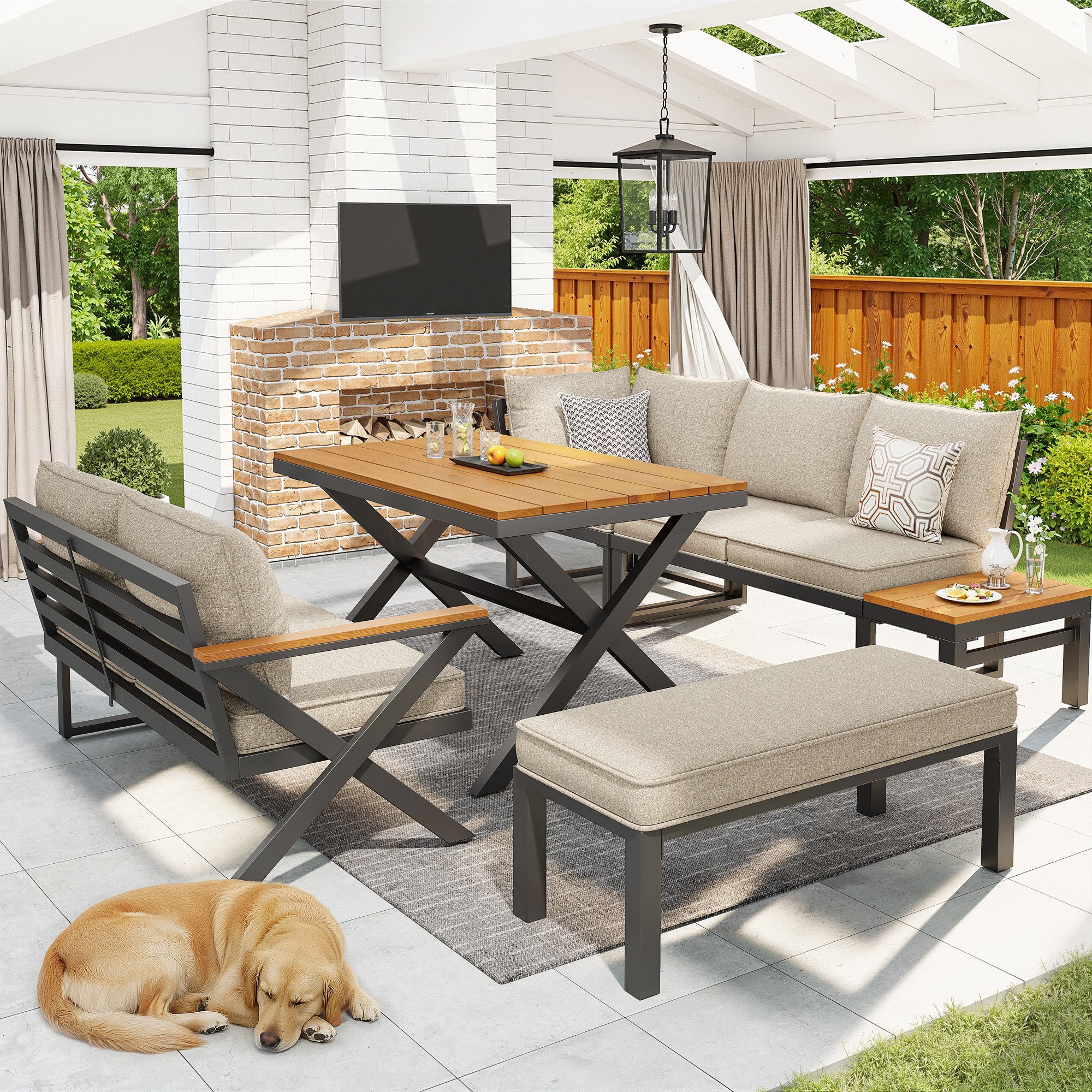 Merax Gartenlounge-Set mit Metallrahmen & verstellbaren Füße, Gartenmöbel aus Kunstholz, 8-Sitzer Sitzgruppe mit Sofa, Ecksofa, Sessel, Hocker und Holztischen