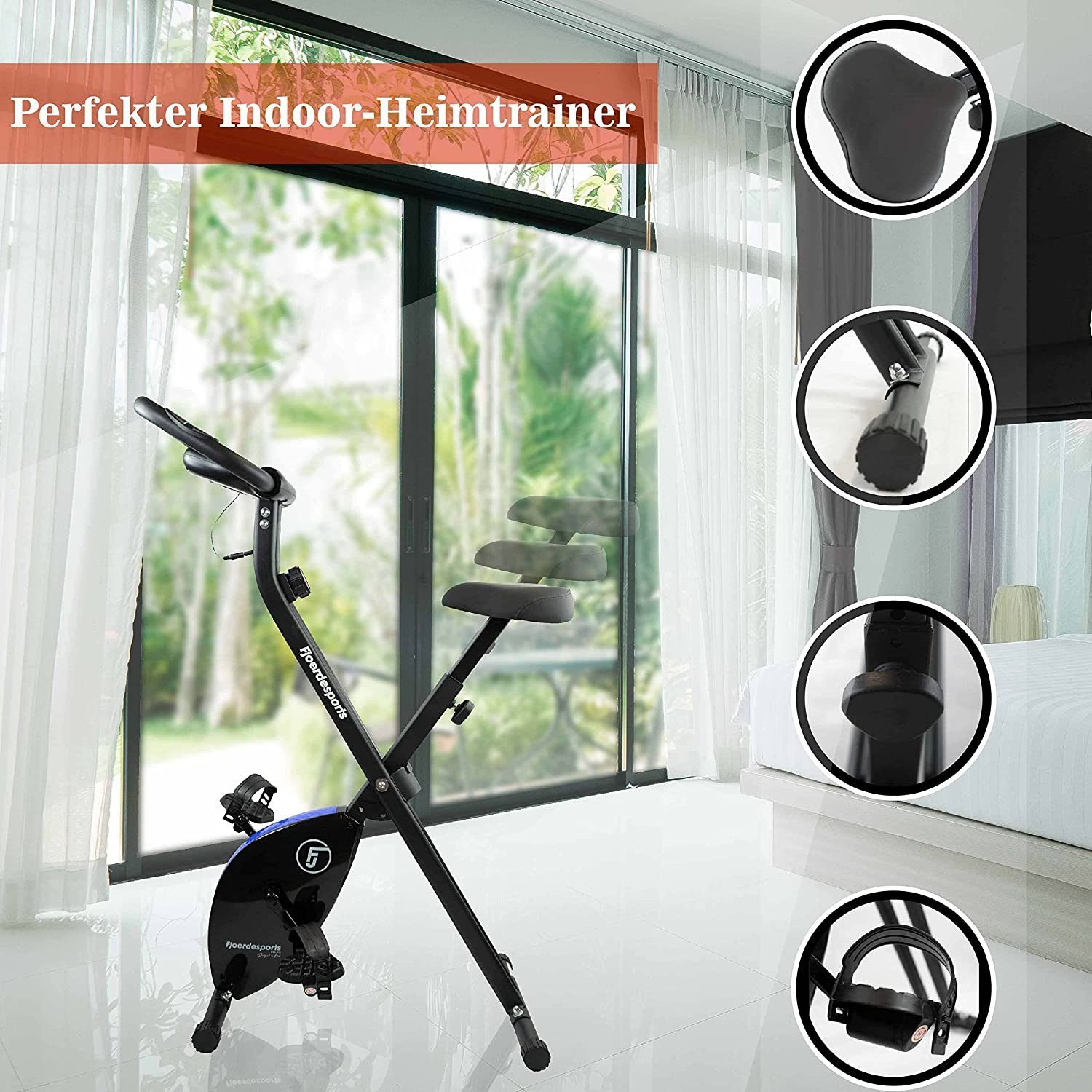 Fjoerdesports Heimtrainer Faltbarer Heimtrainer mit LCD Display Hometrainer Fitnessfahrrad (Maximales Benutzergewicht 110 Kg inkl. verstellbaren Sitz, klappbarer Hometrainer, inklusive Pulsmessung, maximales Benutzergerwicht 110 kg, Fitness Bike, Seniorentrainer, Bewegungstrainer, Trimmrad, höhenverstellbar, stabile Standfüße, bodenschonend, 8 Widerstandsstufen, Handpulssensoren, Riemenantrieb), Hometrainer, Fitnessfahrrad LCD Trainingscomputer