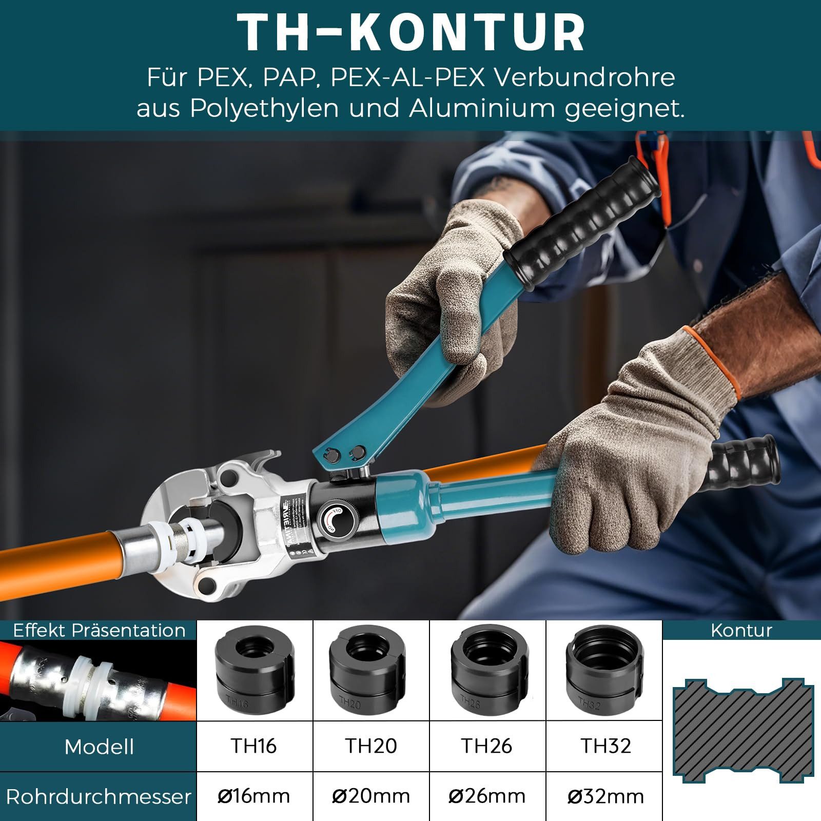 XERSEK Zangenset Profi Presszange Kupferrohr Rohrpresszange V-Kontur & TH-Kontur, mit Rohrabschneider, Handpresszange Kupferrohr Hydraulische Presszange Verbundrohr, TH Ø16-32mm & V Ø12-28mm