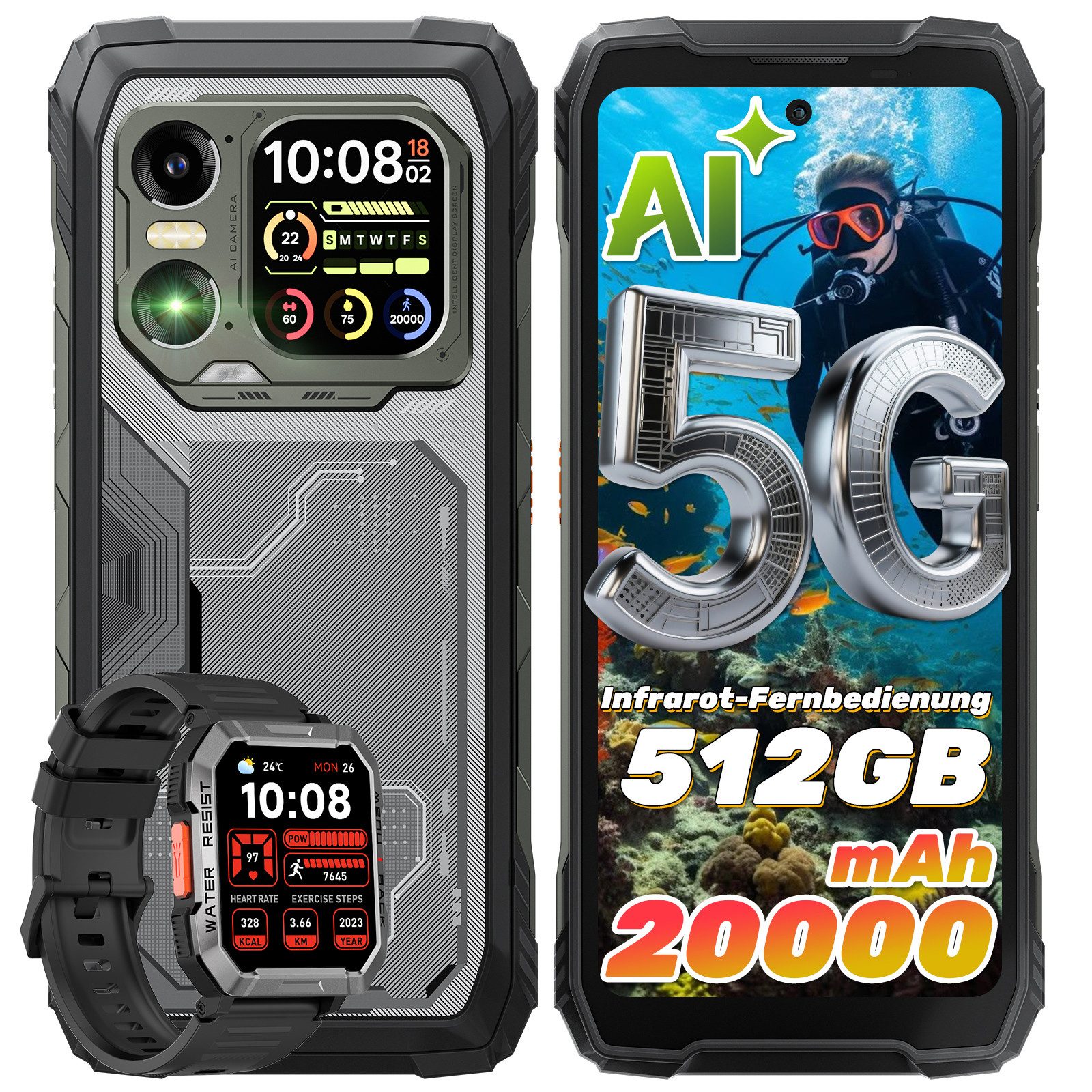 blackview XPLORE 1 Dual-Screen incl.W60 Rugged Smartphone (6,78 Zoll, 512 GB Speicherplatz, 64 MP Kamera, 5G, 1080*2460, 120Hz, 64MP+50MP+20MP Nachtsicht, 55W, 5W OTG)