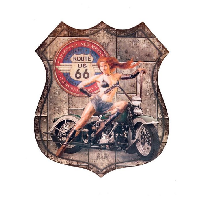 Aubaho Metallschild Blechschild Wandschild Route 66 Magnettafel Bikerin Amerika USA 80cm Nostalgie