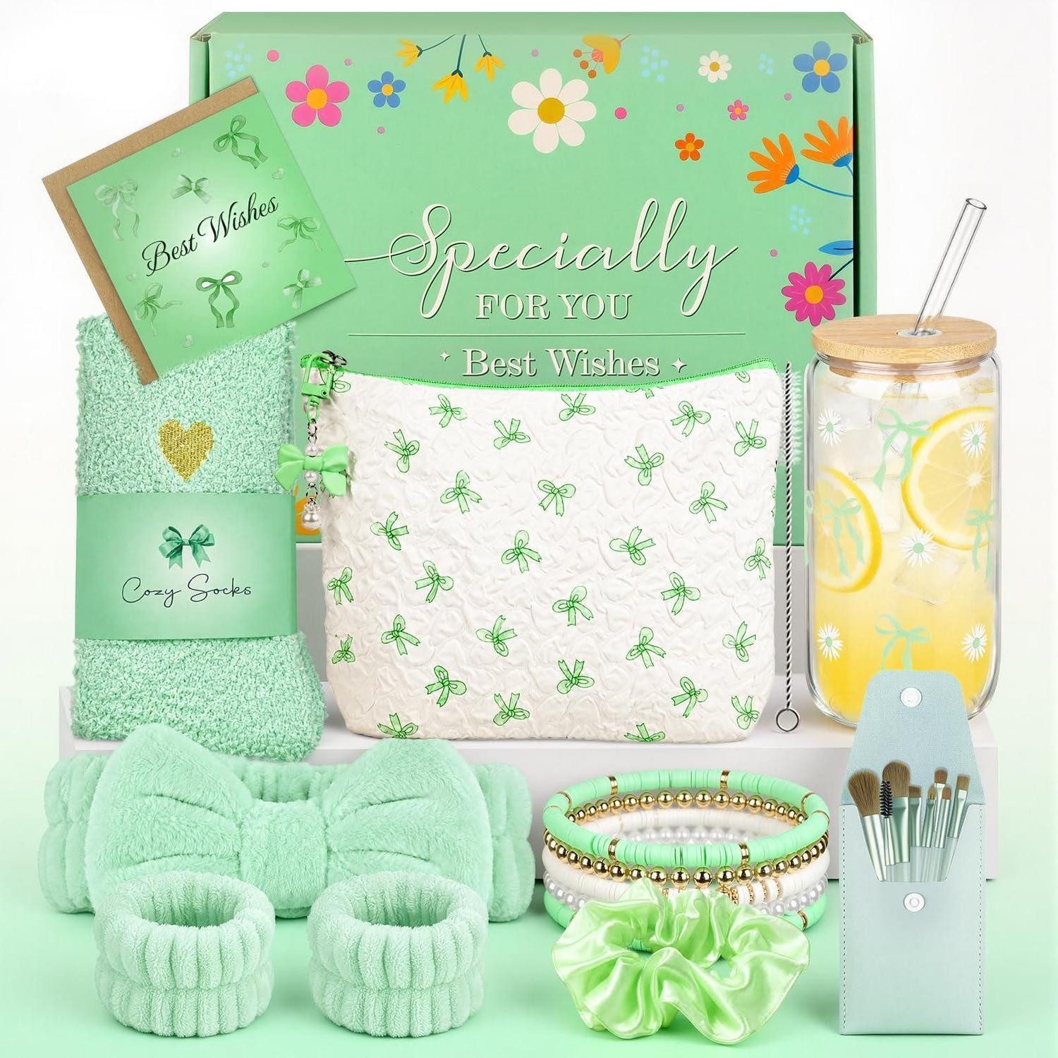 LuxusKollektion Geschenkbox Geschenkset Mädchen Teenager Grün, Schminktasche Glas Haarband Socken