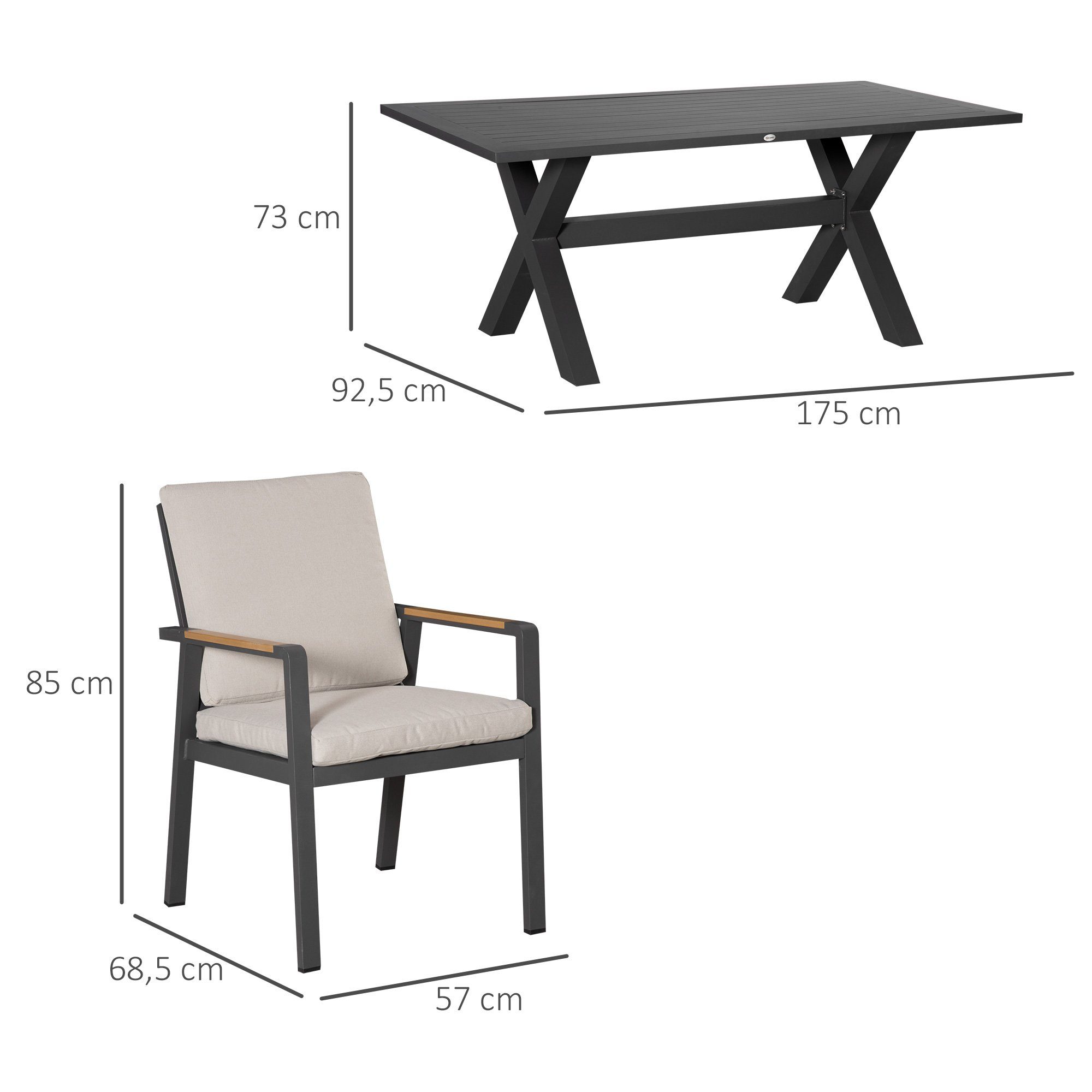 1 7-teilig, 175x92,5x73cm Stühle, Sitzgruppe Outsunny Tisch, 6 wasserabweisende Polster,