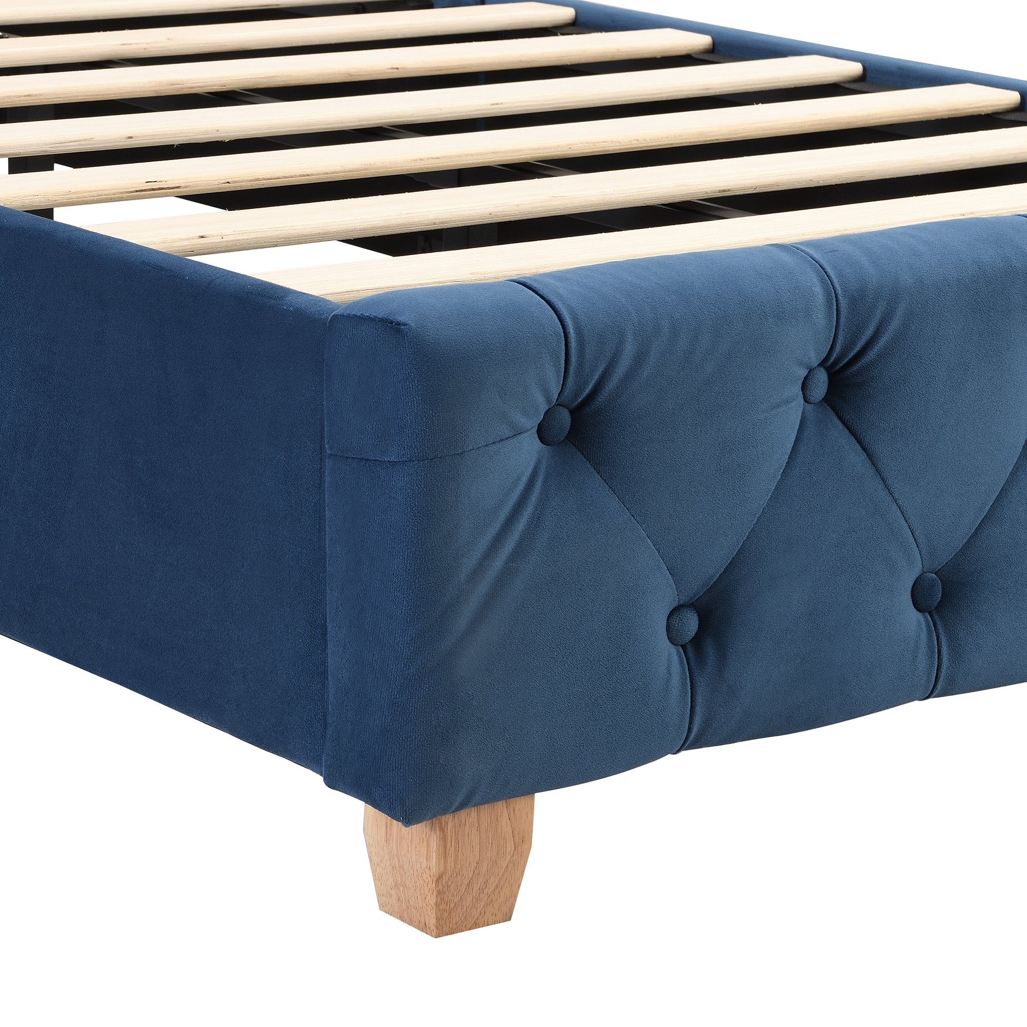 Polsterbett (Einzelbett 90x200cm), mit Lattenrost und Kopfteil in Knopfsteppung, Nietenpolsterung, Samt