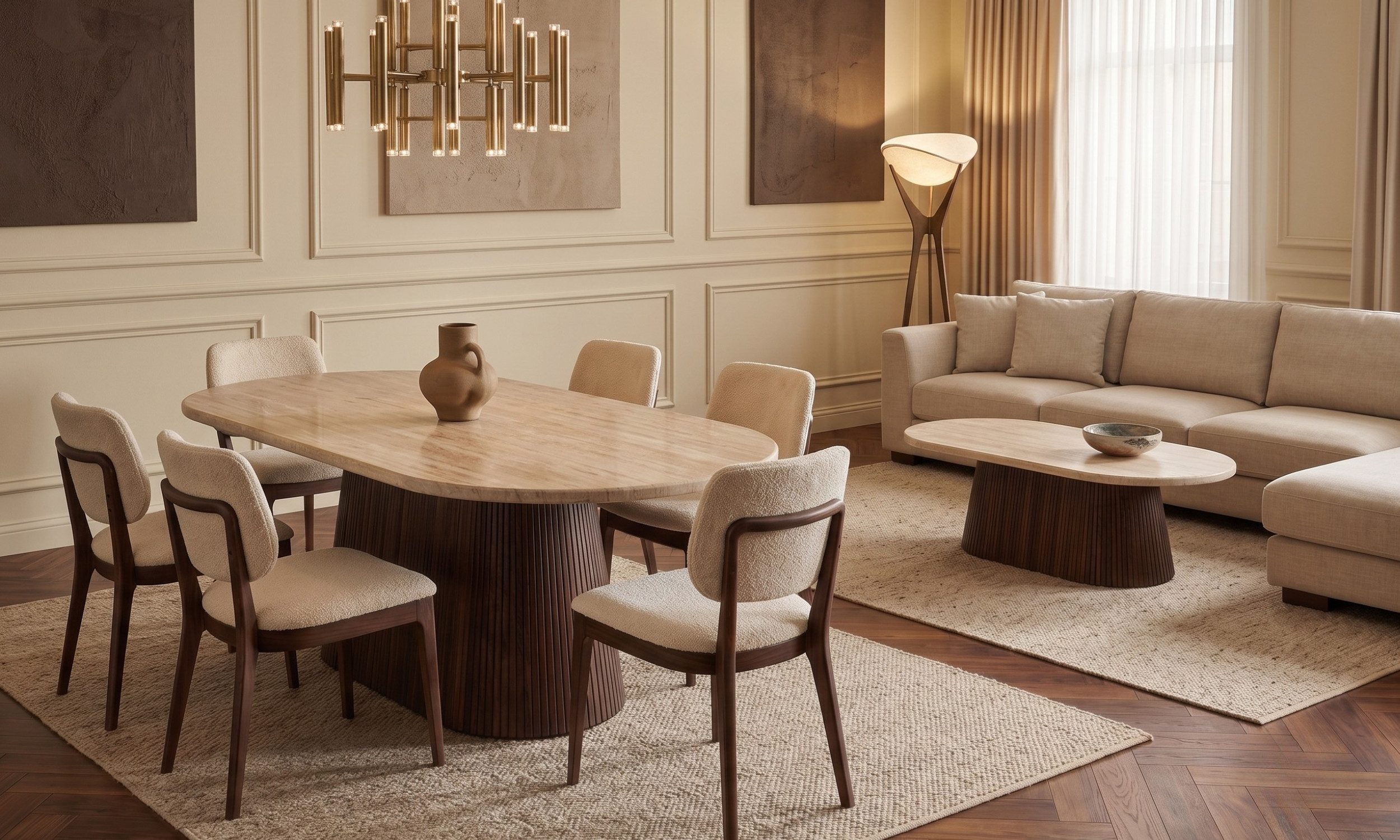 alesvelt Esstisch & Couchtisch Design Set im Säulenstil Travertin-Optik (2er-Set), 200x100x75cm, 130x70x45cm, edle Travertin-Optik, massive Tischplatte