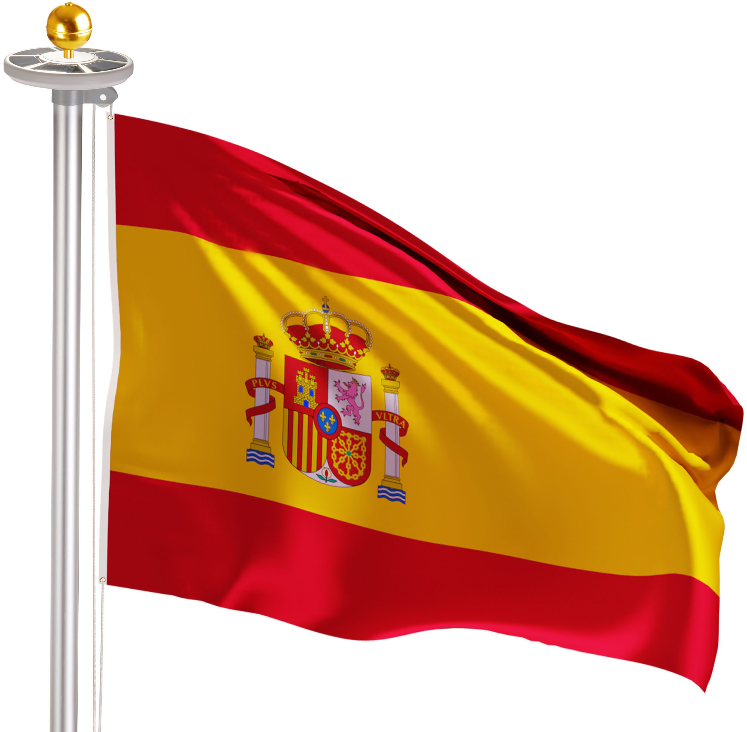 BRUBAKER Fahnenmast Aluminium Mast inkl. Spanien Flagge, LEDs und Kugelspitze Gold, (Solar-Energie Licht mit 26 LEDs - All-in-One Set), mit Bodenhülse und Spanien Fahne 150 x 90 cm