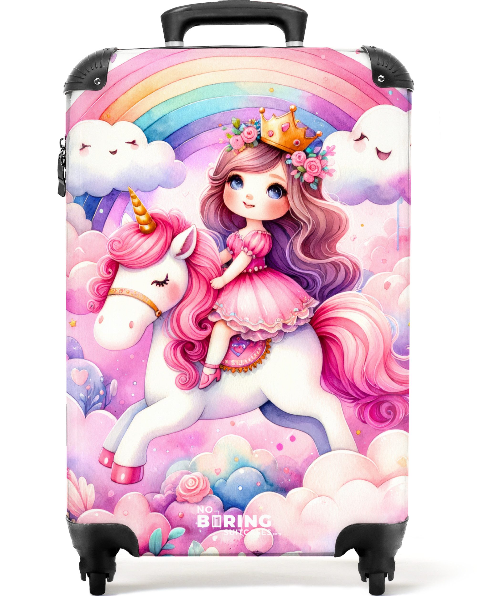 NoBoringSuitcases.com© Kinderkoffer Prinzessin und Einhorn mit Regenbogen und rosa Wolken 55x35x20cm, Handgepäck-Koffer, Kinderkoffer, Reisekoffer Mädchen