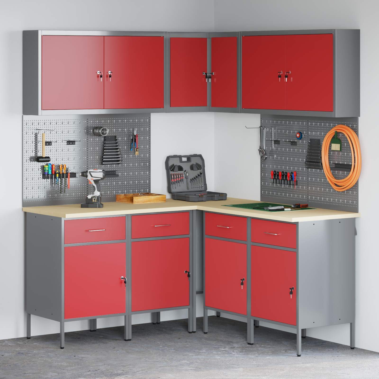 vidaXL Mehrzweckschrank-Set vidaXL Arbeitsschrankset mit Schubladen mit Regal 12 Stk. Rot und Grau