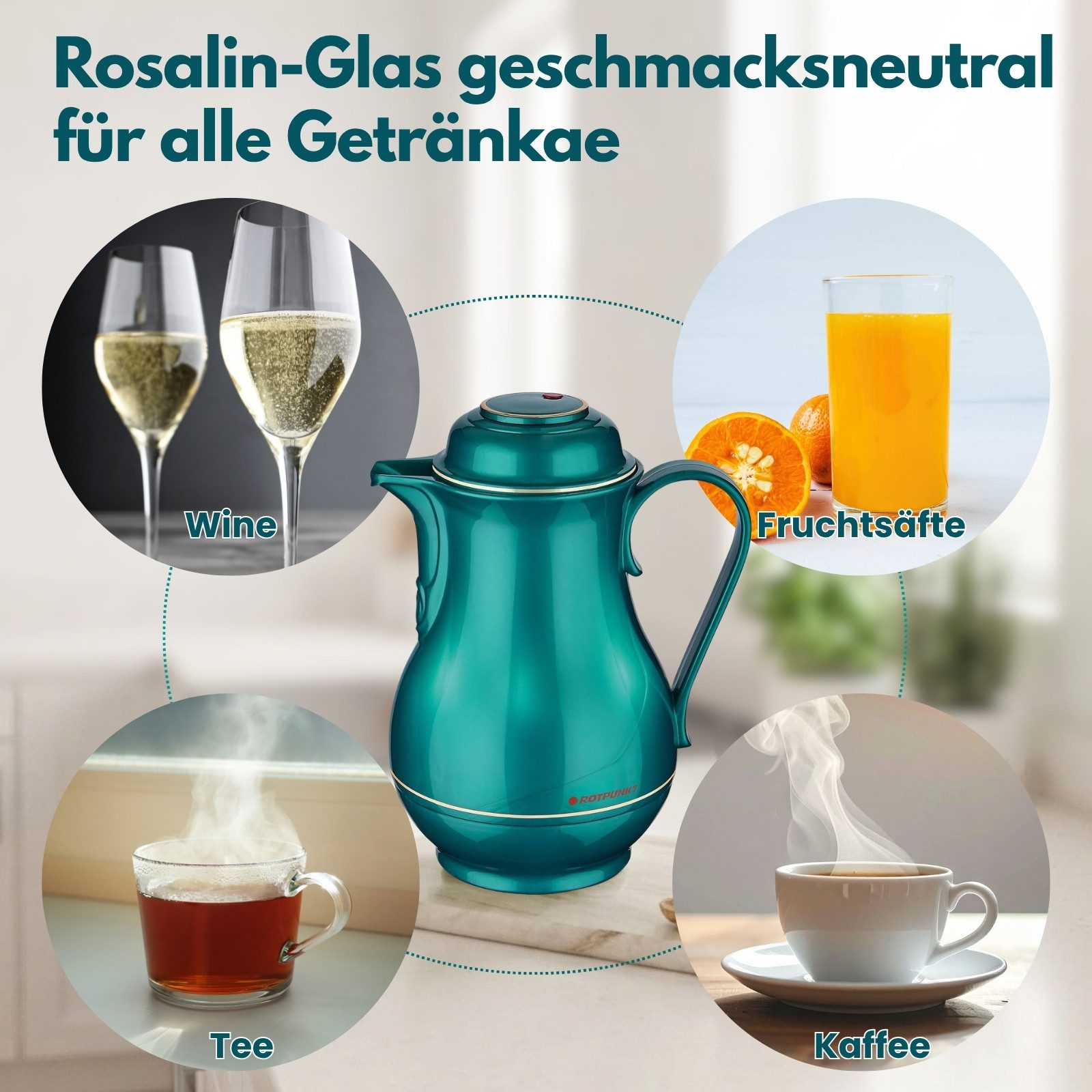 ROTPUNKT Isolierkanne CHRISTA 530, Kaffeekanne mit Rosalin-Glaseinsatz, 0.5 l, Made in Germany, 24 Std heiß 36 Std kalt, BPA-frei – Bild 4 von 5