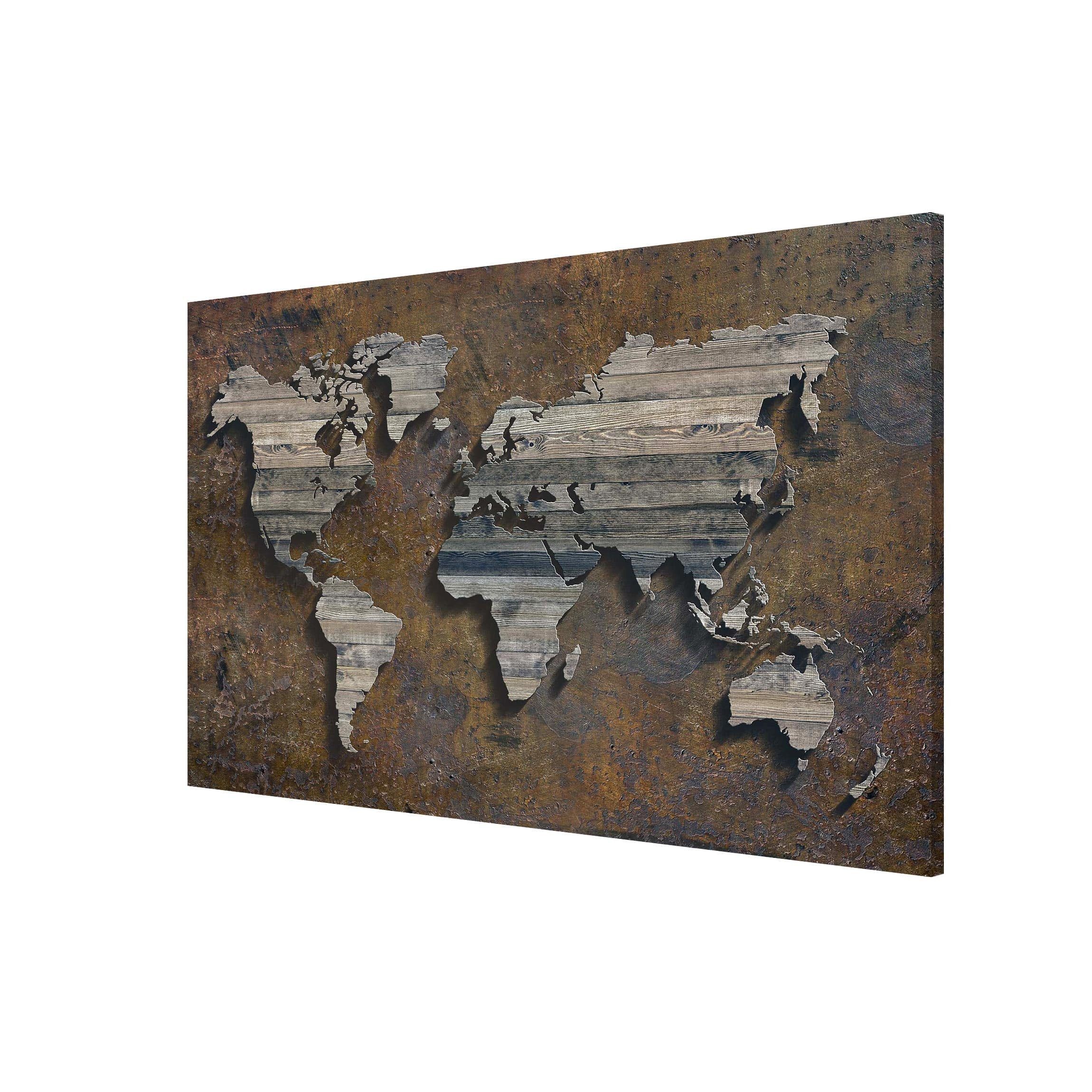Bilderdepot24 Magnettafel Küche braun Holz Rost Weltkarte, (1-tlg., Magnetboard Pinnwand für die Wand - metallische Tafel für Magnete), Magnetwand groß mit Motiv Büro Memoboard magnetisch Querformat