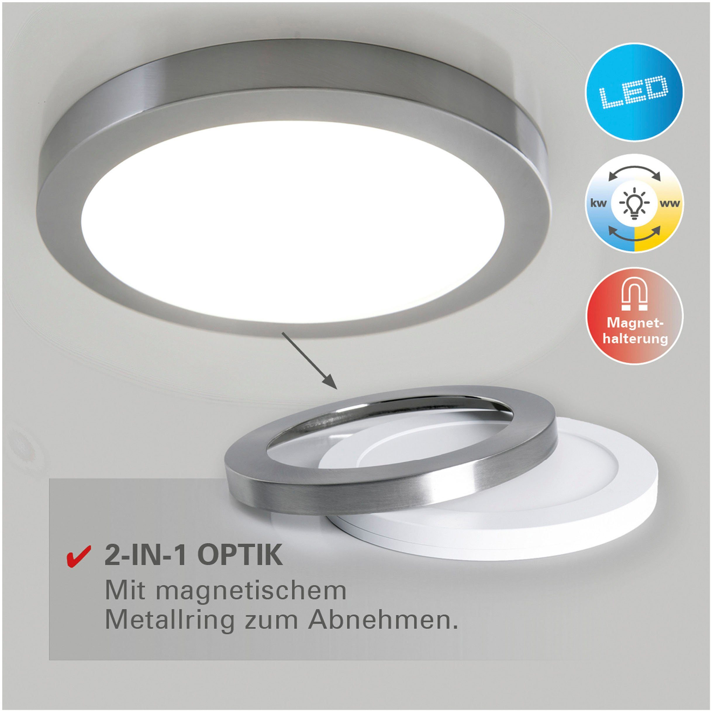 abnehmbar näve 2-in-1-Optik,Ring LED Kaltweiß, Bonus, 3 Warmweiß, mehrere chrome Helligkeitsstufen, fest LED Neutralweiß, integriert, Deckenleuchte Lichtfarben, magetisch