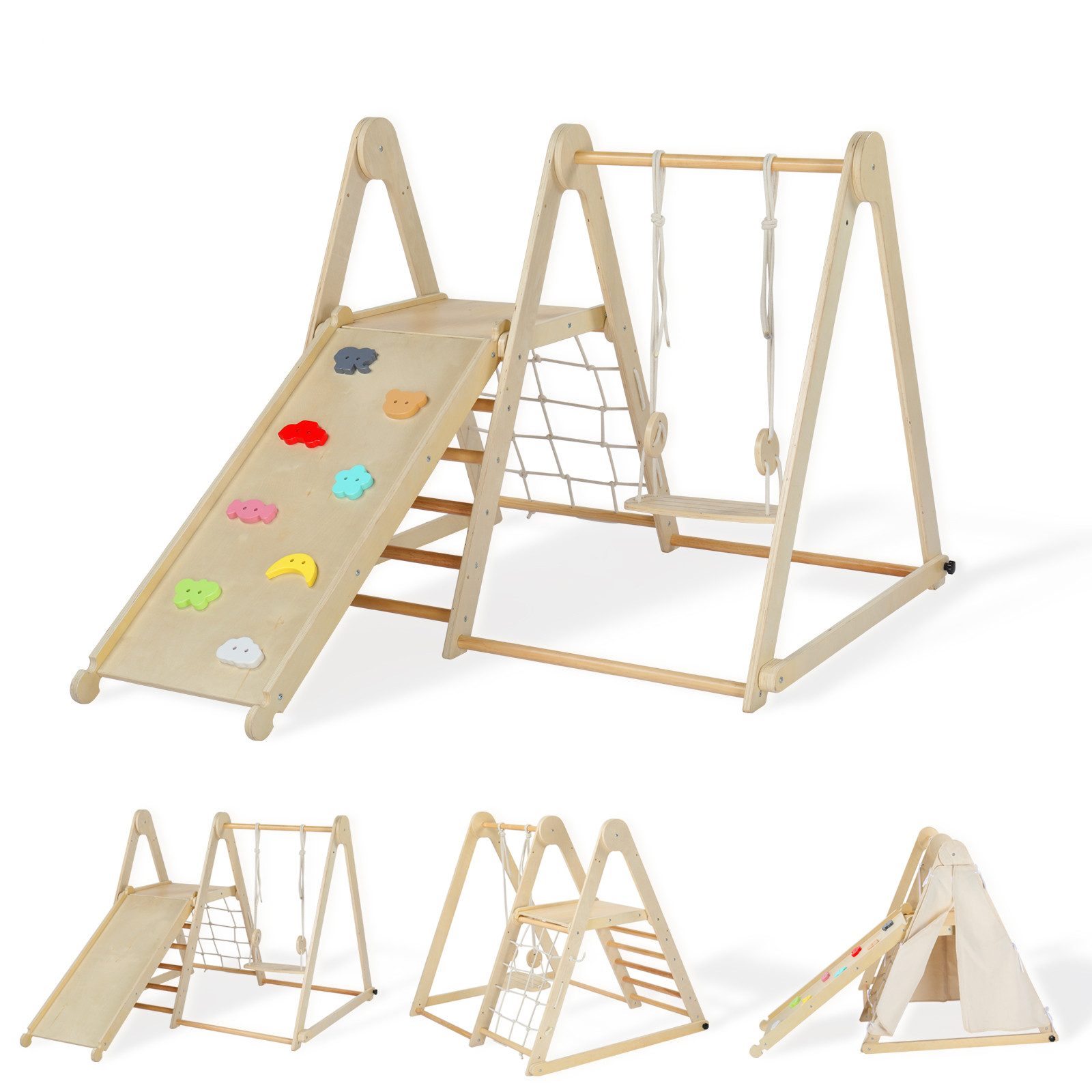 LALAHO Klettergerüst 7-in-1 Kletterdreieck Kletterwand mit Rutschbahn, Schaukel, Leiter, Kletternetz und Ringe, Indoor-Spielplatz Spielset