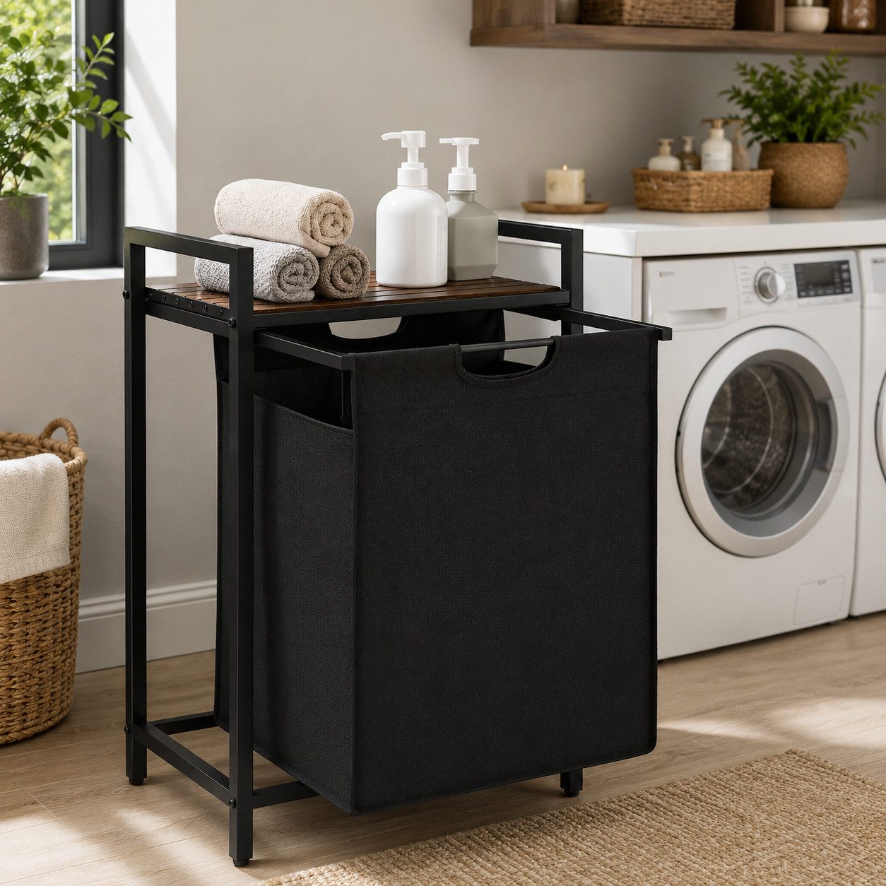 Best for Home Wäschebox Wäschekorb 65 L, 1 Fach–Loft-Stil, Schwarz/Braun, mit Ablage & Gestell (Einzelartikel, 4 St., 1-teiliges Set), 65 L Korb, MDF-Ablage, herausnehmbarer Stoffkorb