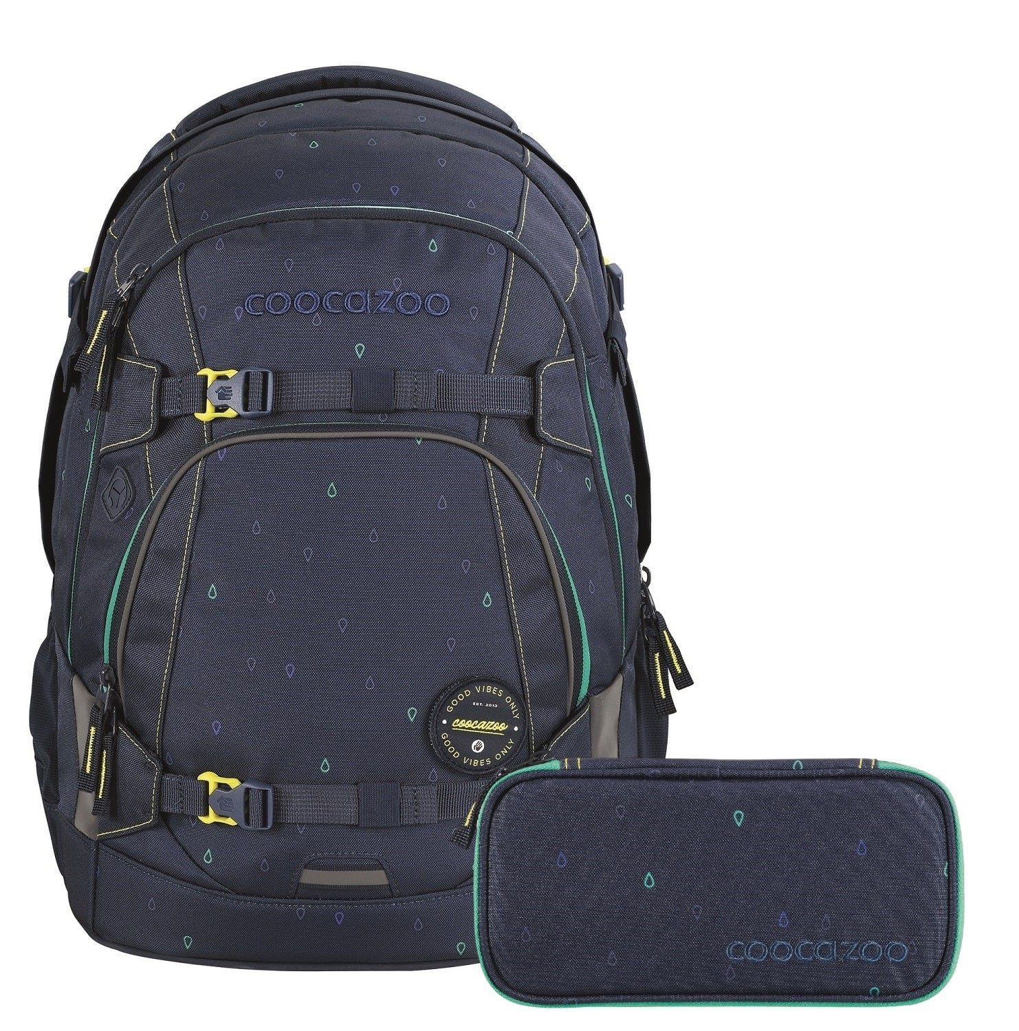 coocazoo Schulranzen Schulrucksack-Set MATE Happy Raindrops 2-teilig (Rucksack, Mäppchen), ergonomisch, reflektiert, Körpergröße: 135 - 180 cm