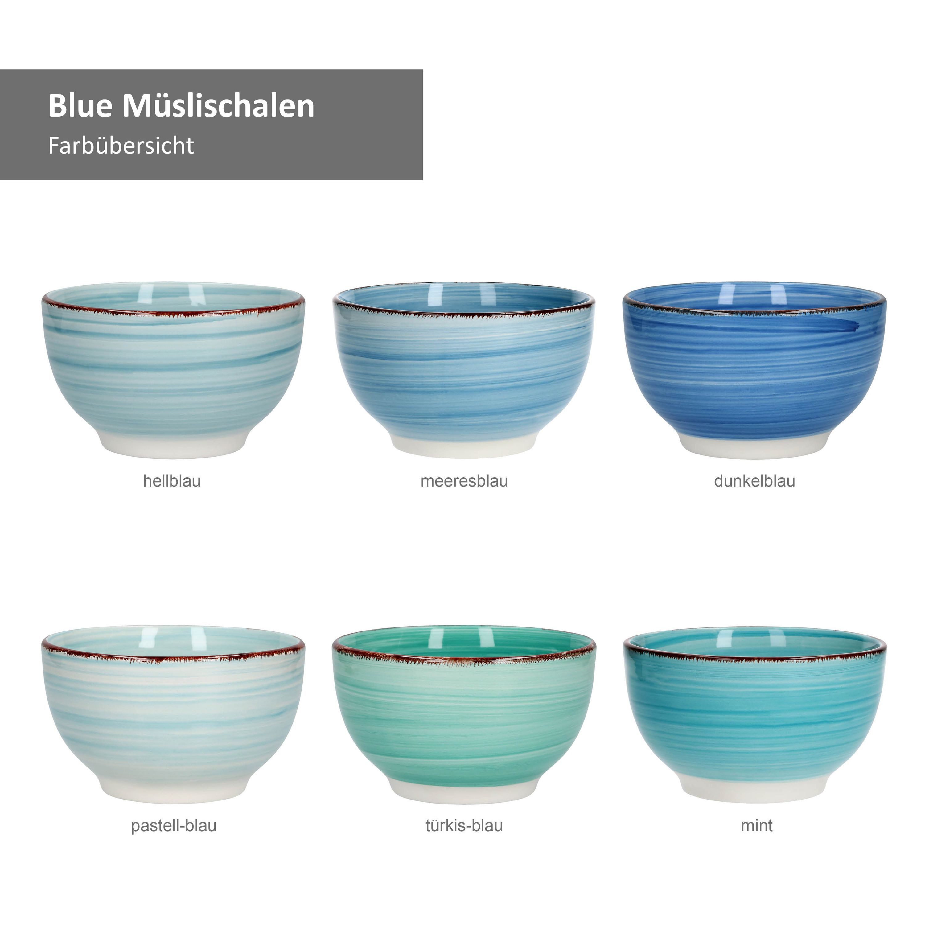 MamboCat Müslischale 6er Schalen Set Blue Blau Schüsseln Obst Müsli Schälchen 650 ml, Steingut