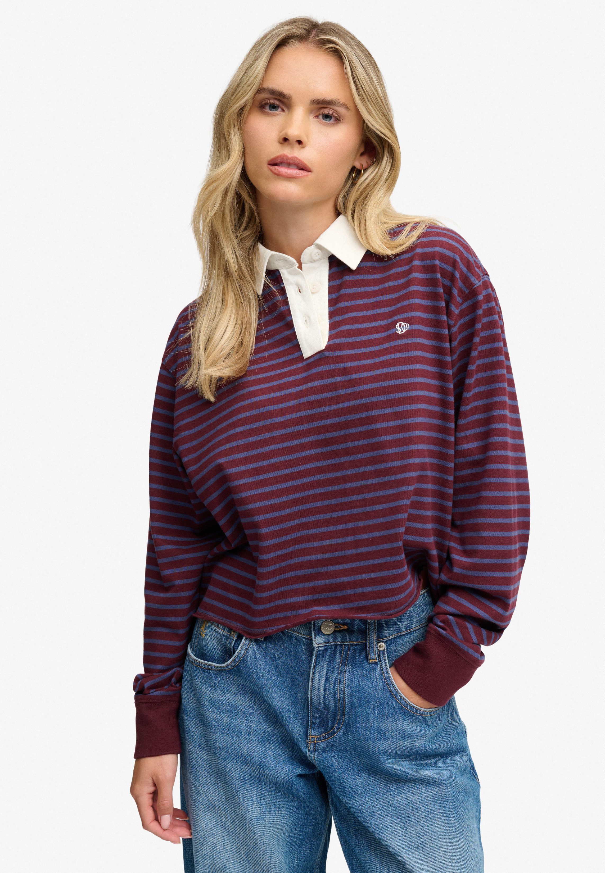Superdry Langarm-Poloshirt ATH ESS CROPPED STRIPE RUGBY Baumwolle, oversize, cropped fit