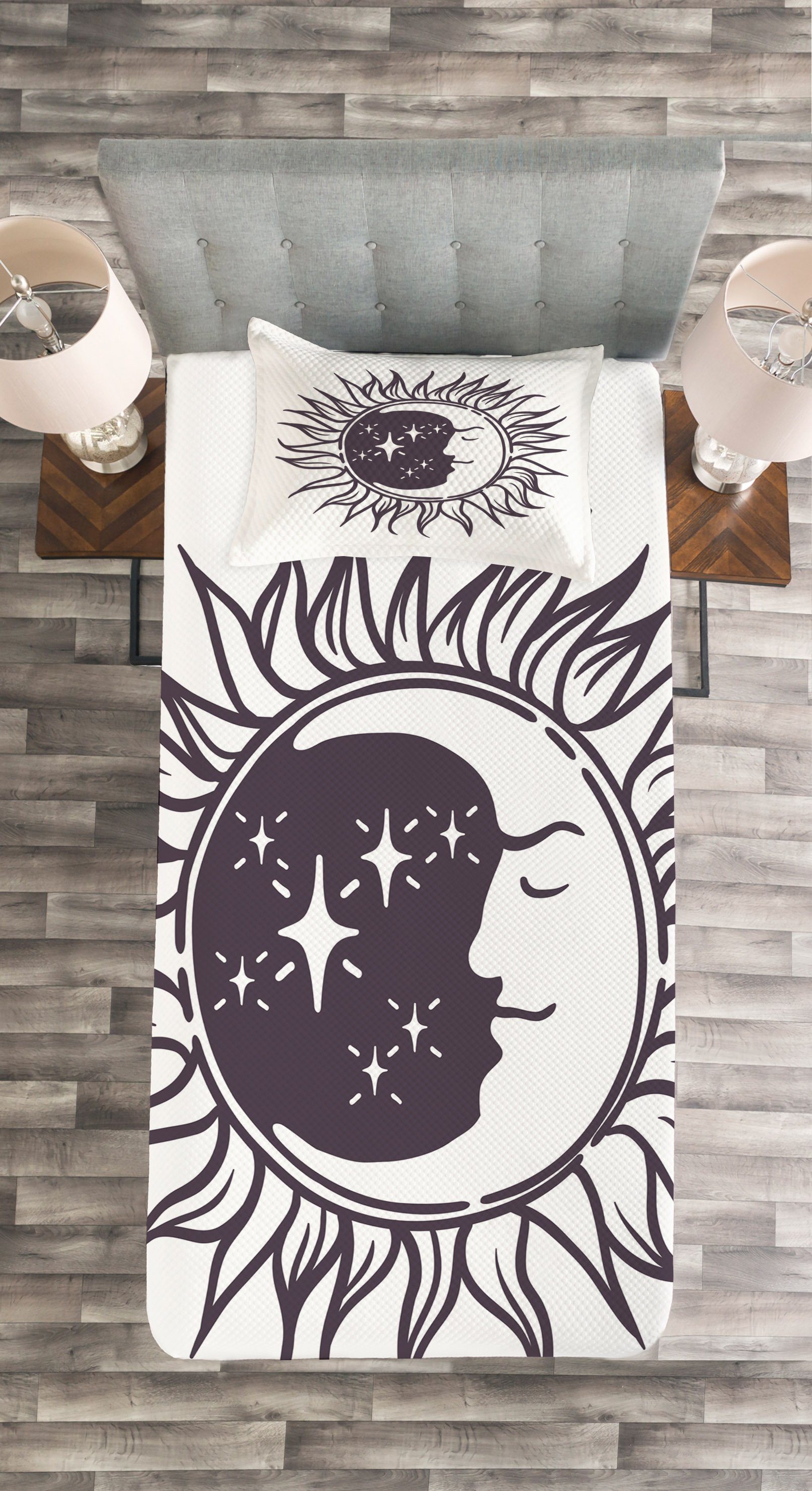 Tagesdecke Crescent mit Abakuhaus, Set Kissenbezügen Sun Mond-Strahlen Cartoon in Waschbar,