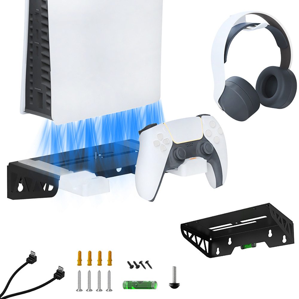 ibettertec Wall Mount Wandhalterung PS5 Slim mit Lüfter mit Controller-Ladegerät Controller-Ladestation (Controller-Ladegerät für PS5, Ladestation PS5 mit Kopfhörerhalterung)