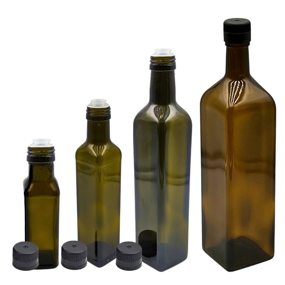 mikken Ölspender 2er Set Ölflaschen 100-1000 ml Glasflasche braun/grün mit Ausgießer, mit UV-Schutz