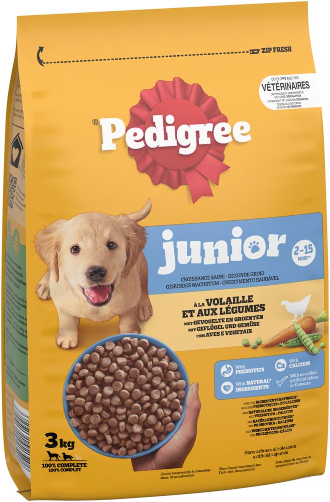 Pedigree PEDIGREE® Beutel Junior mit Geflügel und Gemüse 3 x 3kg, Trockenfutter für: Hunde