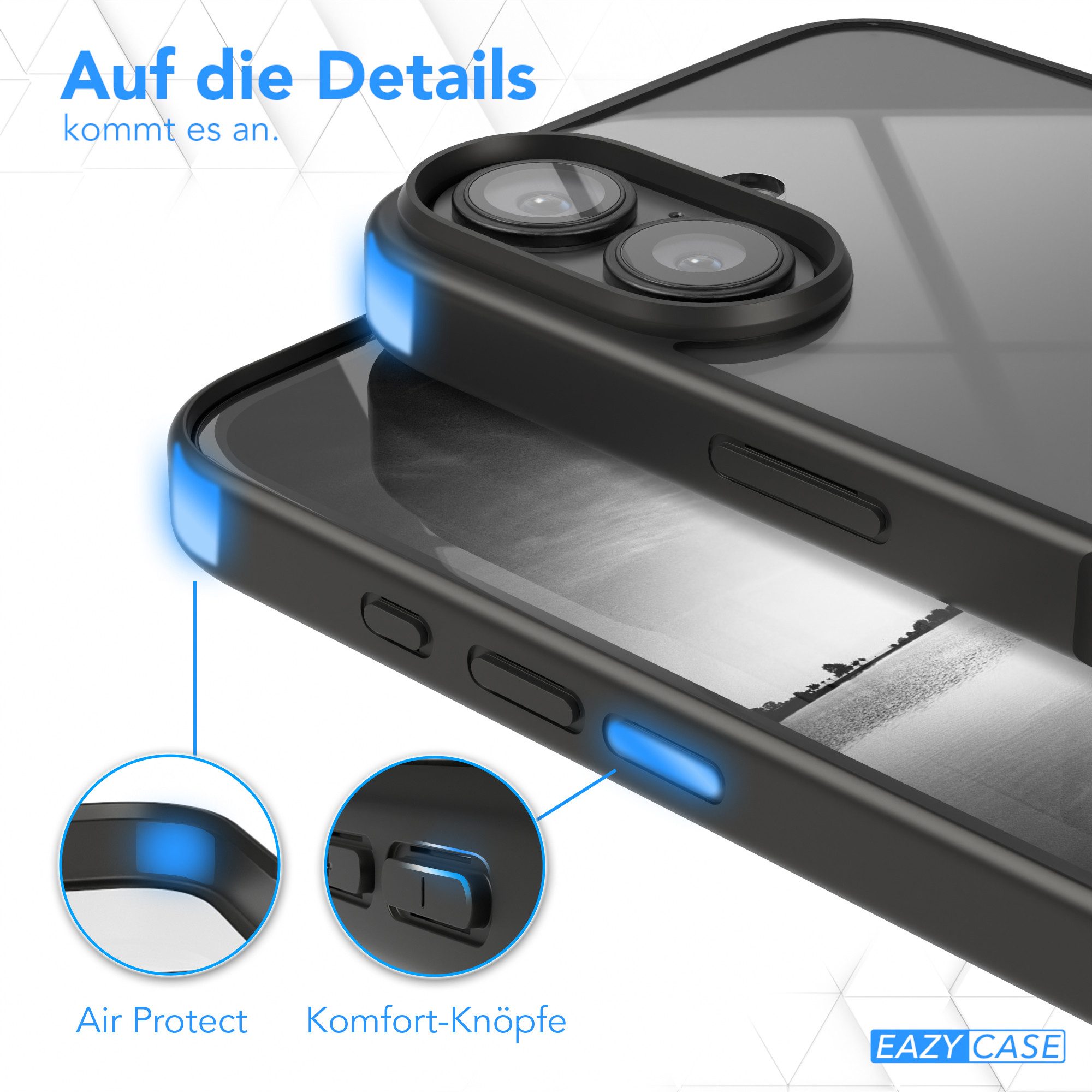 EAZY CASE Handyhülle Bumper Case für Apple iPhone 16 6,1 Zoll, Hülle Durchsichtig kratzfest Back Cover mit Displayschutz Schwarz – Bild 4 von 5