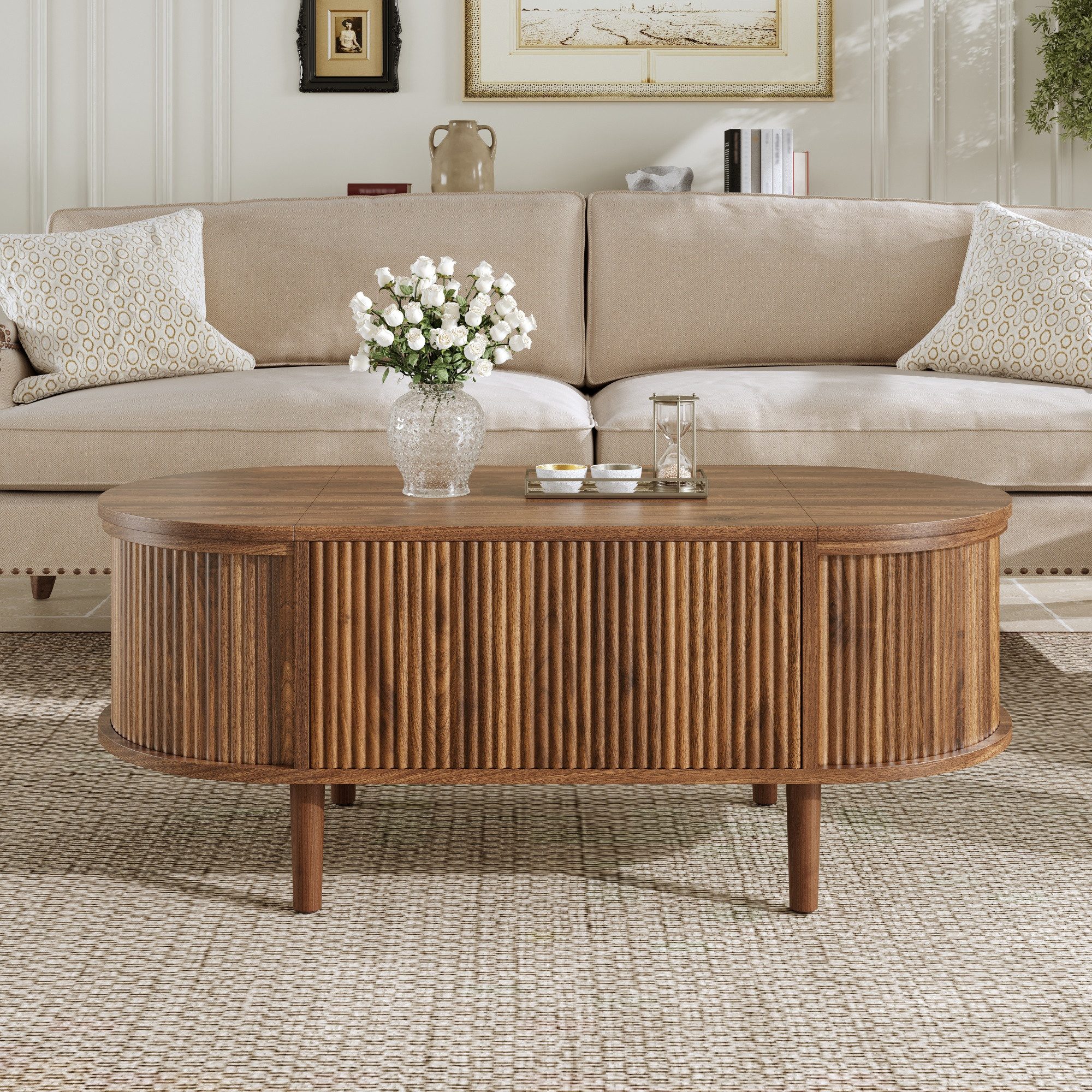 HAUSS SPOLE Couchtisch höhenverstellbar in Vintage-Stil,Kaffeetisch Teetisch mit Klappdeckel (Wohnzimmertisch mit Hubfunktion und integriertem Stauraum), Verstellbare Tischplatte,Vertikale Streifenfront